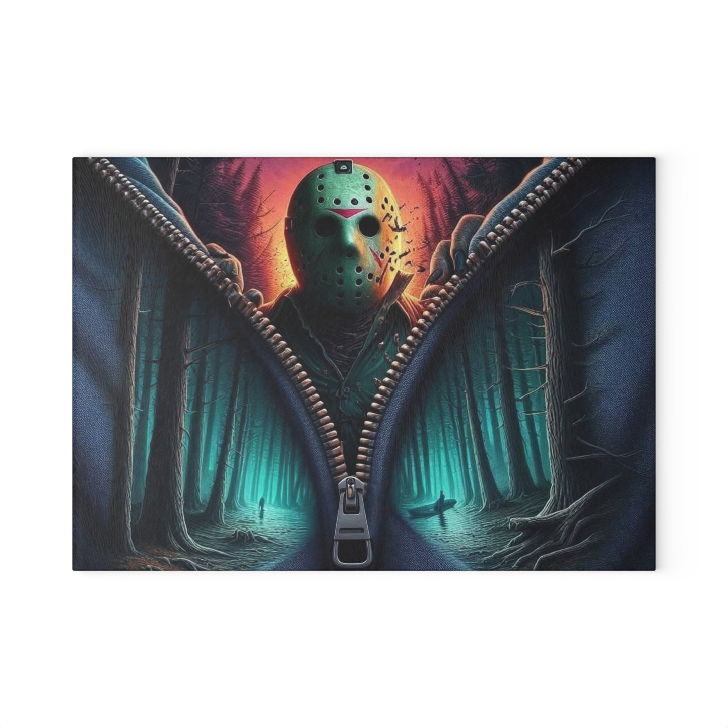 🪓 Masked Forest Horror Cutting Board – Slice Into Style with Creepy Vibes
