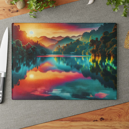 Tabla de cortar de vidrio con brillo de atardecer en la jungla: un escape tropical vibrante para tu cocina