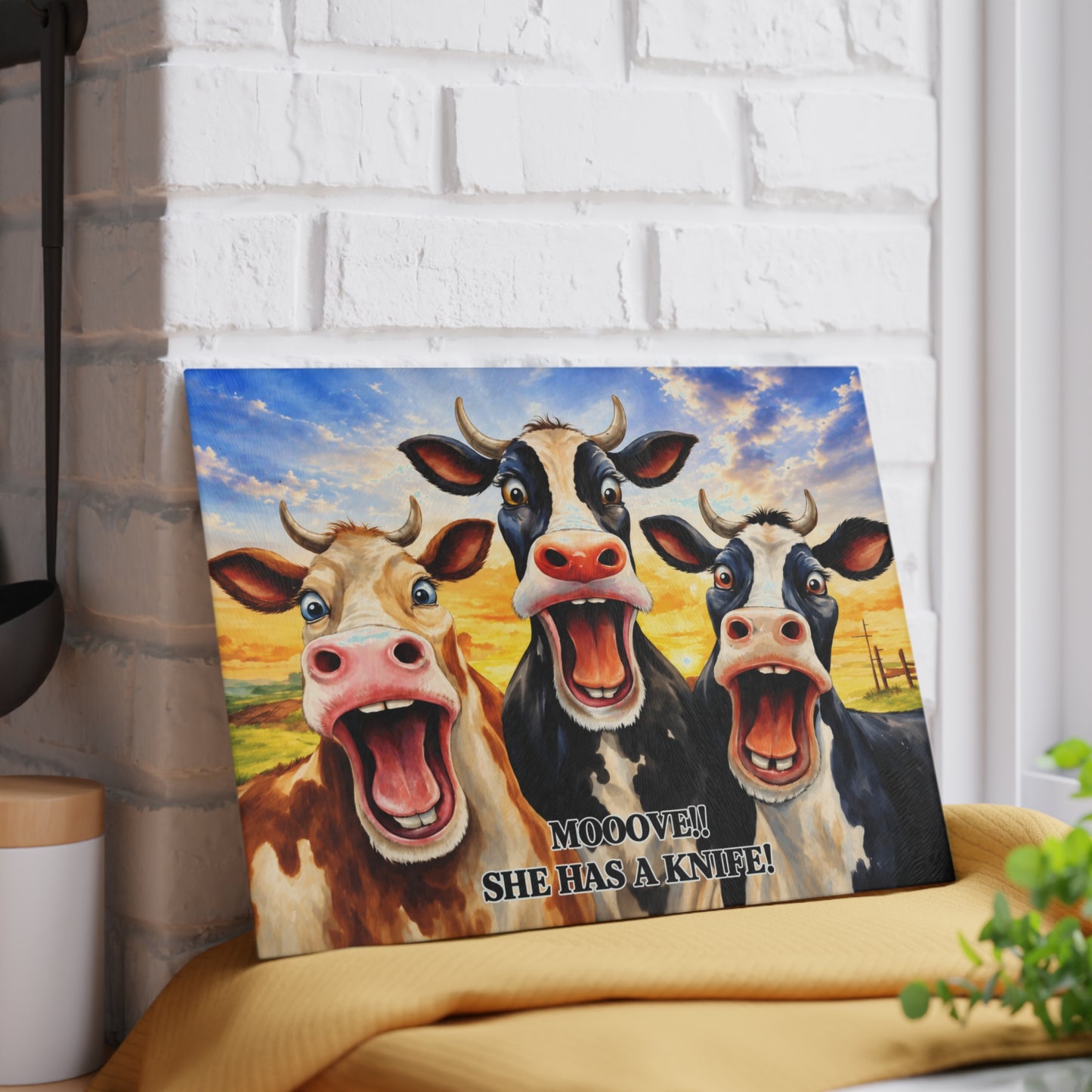 Mooove!! She Has a Knife Glass Cutting Board – Funny Farm Kitchen Decor