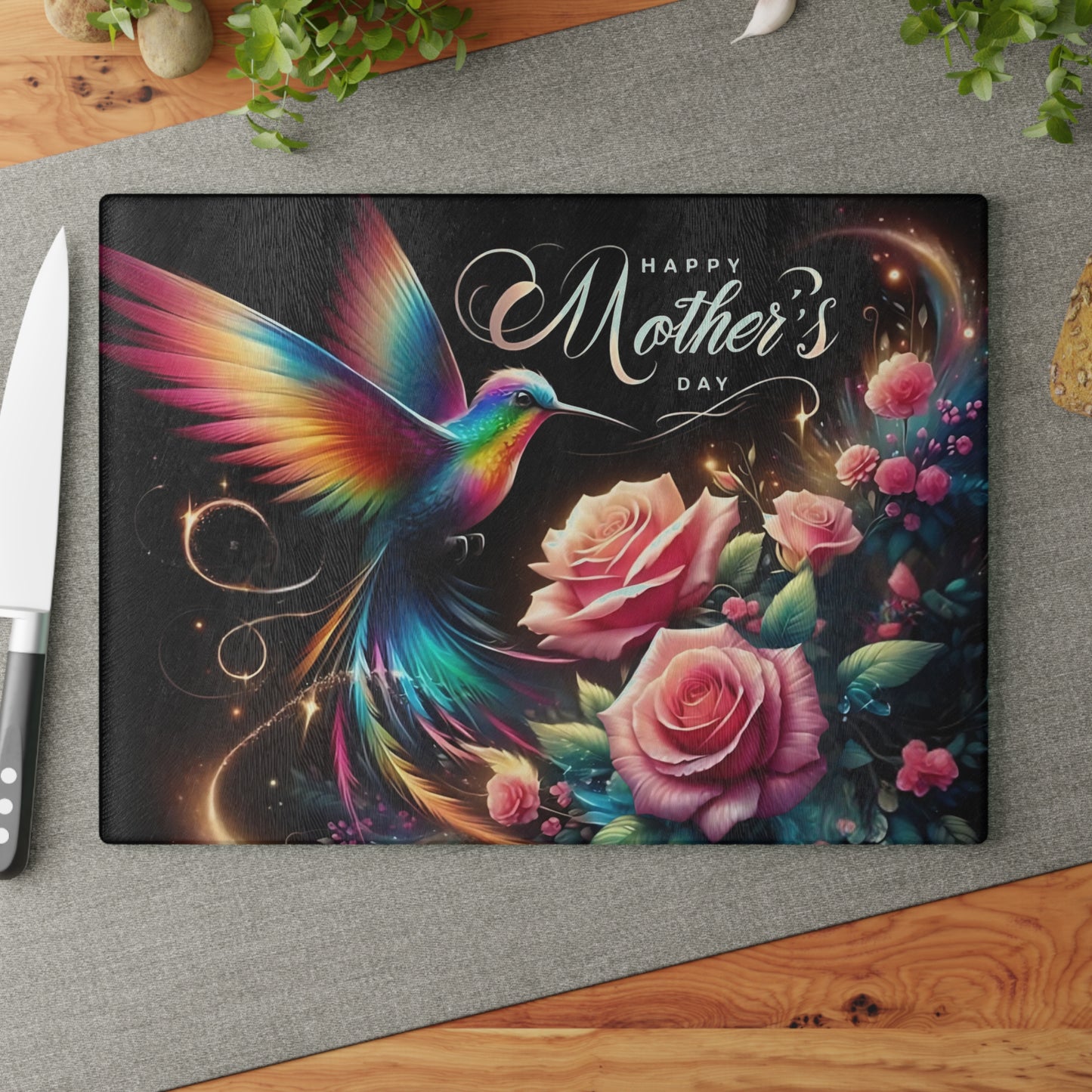 Hummingbird & Roses Tempered Glass Cutting Board – Floral Kitchen Decor, Spring Gift, Mother’s Day Present