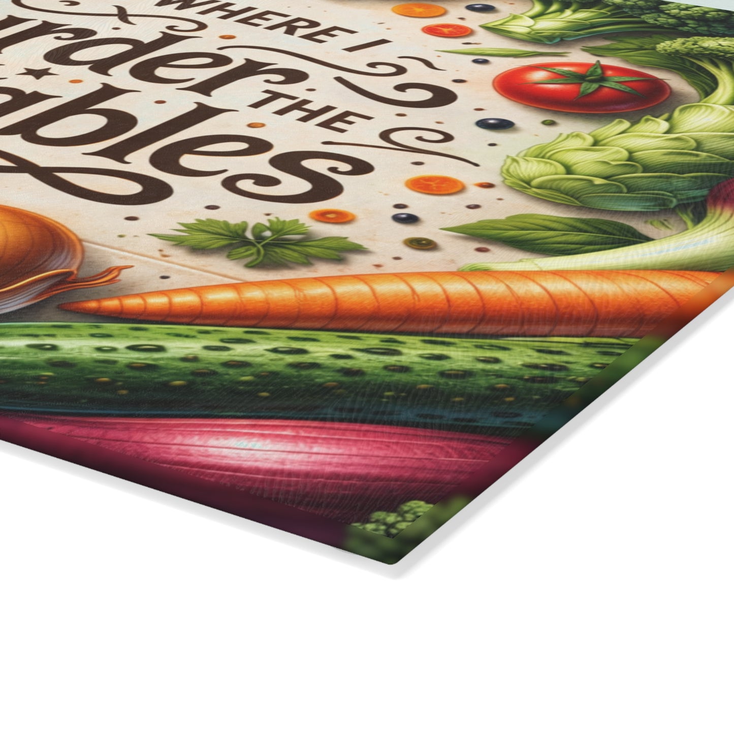 This Is Where I Murder the Vegetables Glass Cutting Board – Funny Kitchen Typography with Fresh Produce Art
