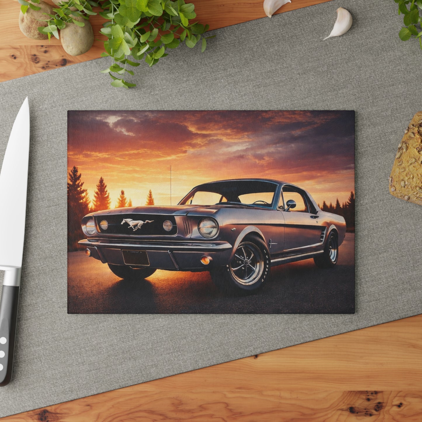 Classic Muscle Car Sunset Glass Cutting Board – Vintage American Auto Kitchen Art & Display Board