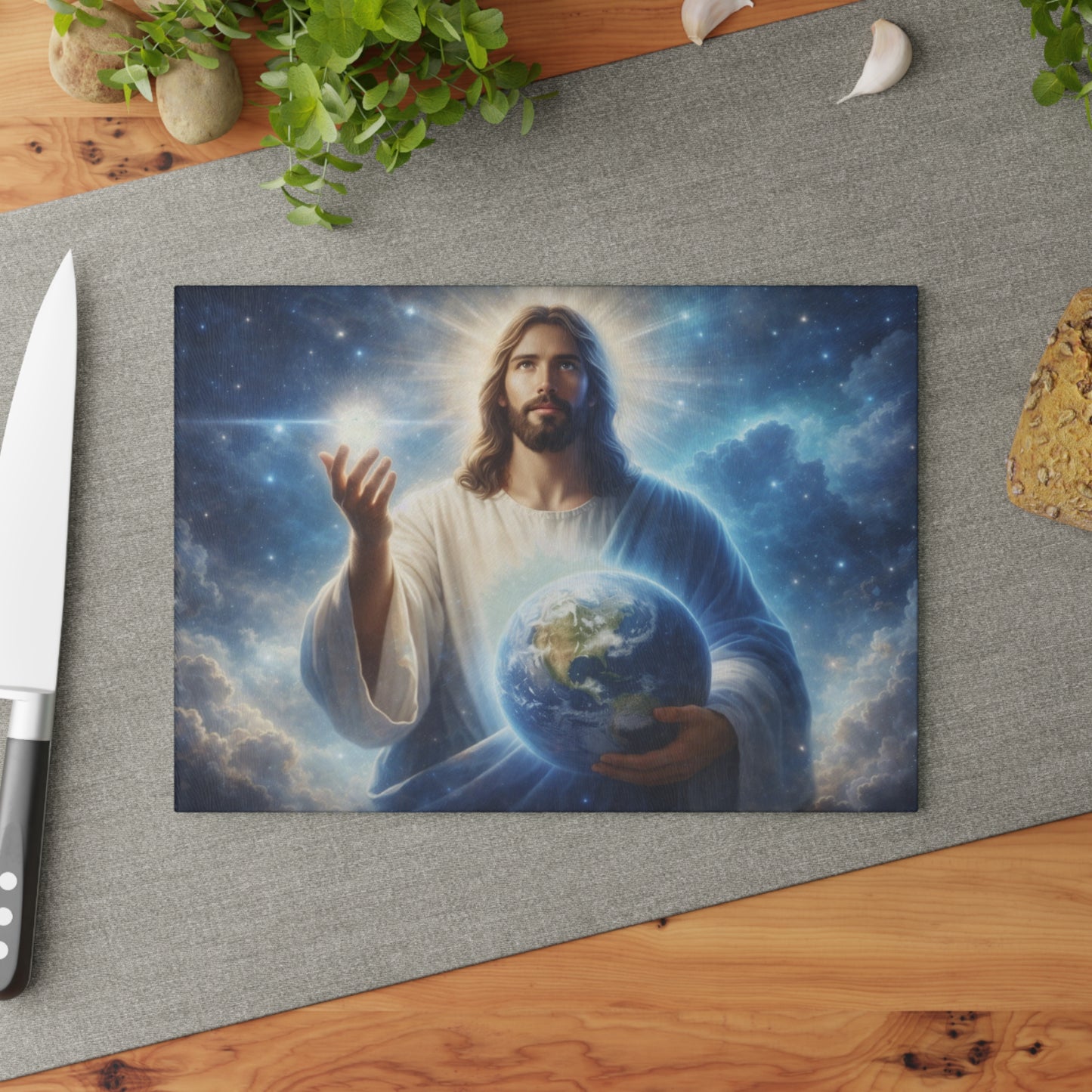 King of Creation Glass Cutting Board – Faith-Inspired Artwork Holding the World
