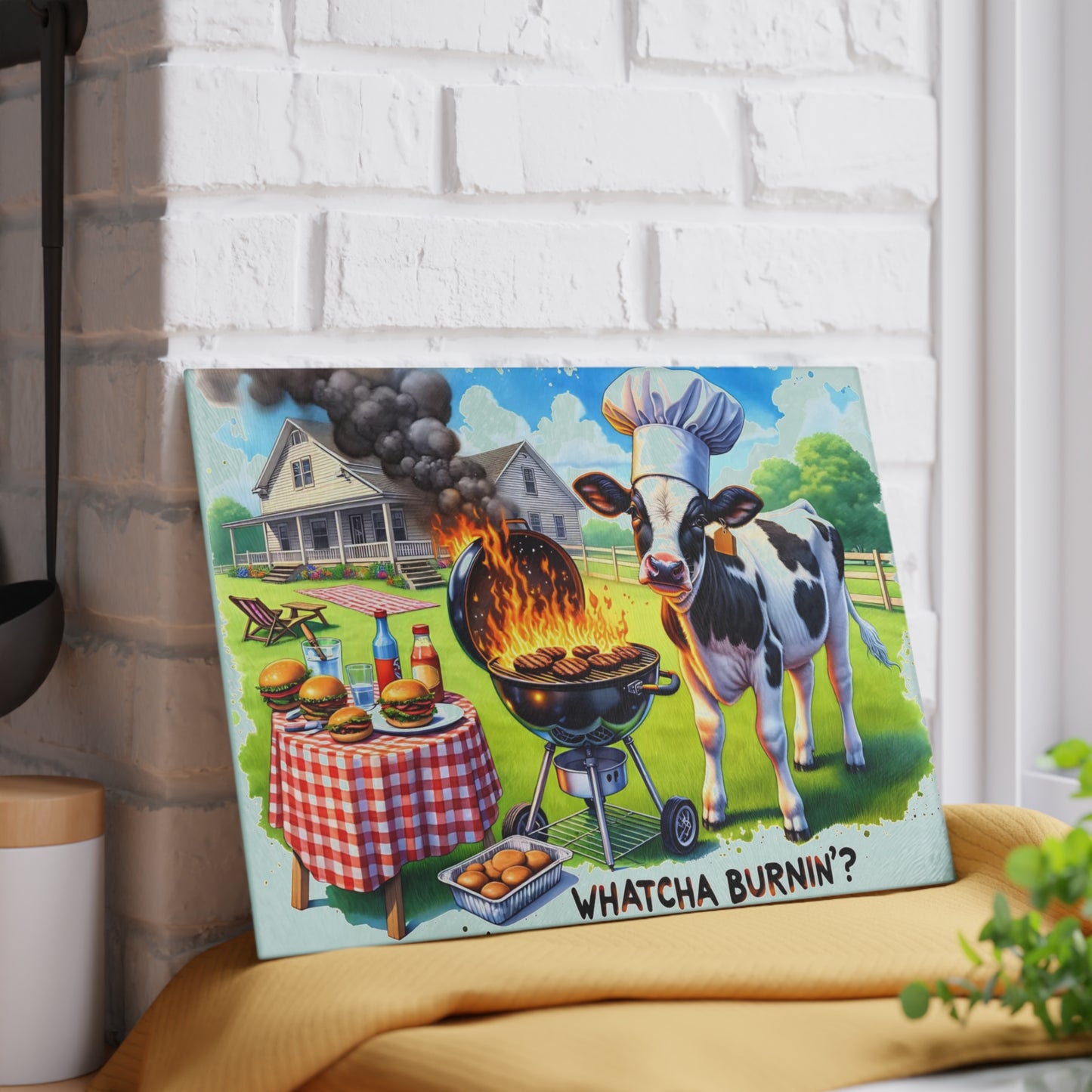 🐮🔥 “Whatcha Burnin’?” Glass Cutting Board – Cozy Charm for Your Kitchen