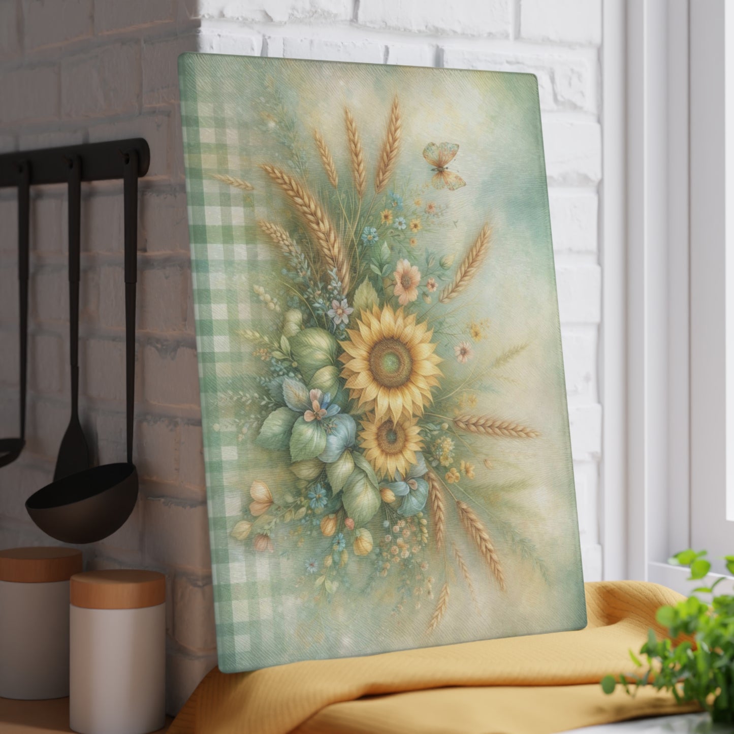 Sunflower and Wheat Garden Glass Cutting Board – Rustic Farmhouse Floral Kitchen Decor