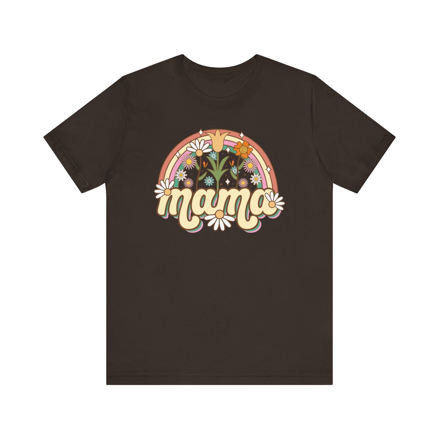 🌼🌈 Retro Floral Mama T-Shirt – Boho Rainbow Graphic Tee for Moms 🌻✨