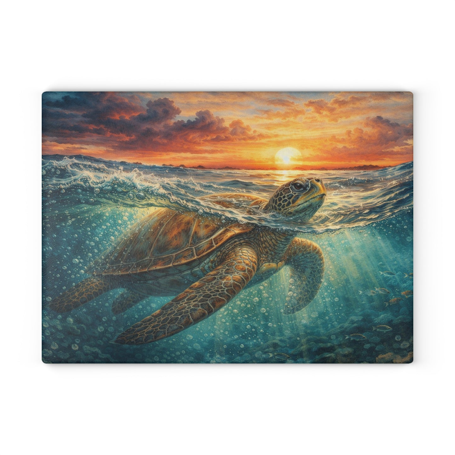 Sea Turtle Sunset Glass Cutting Board – Coastal Ocean Wildlife Kitchen Decor