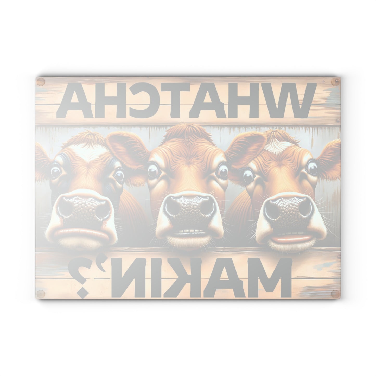 🐮🤠 “Whatcha Makin’?” Glass Cutting Board – Cozy Charm for Your Kitchen