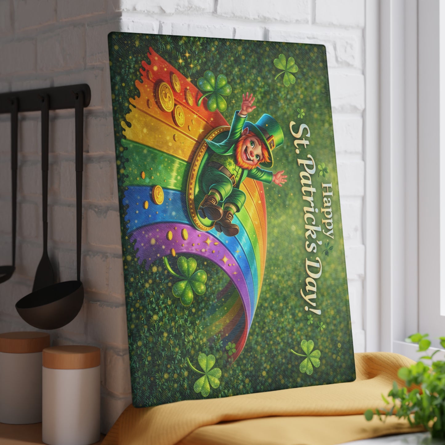St. Patrick’s Day Leprechaun Rainbow Glass Cutting Board – Whimsical Irish-Inspired Kitchen Decor