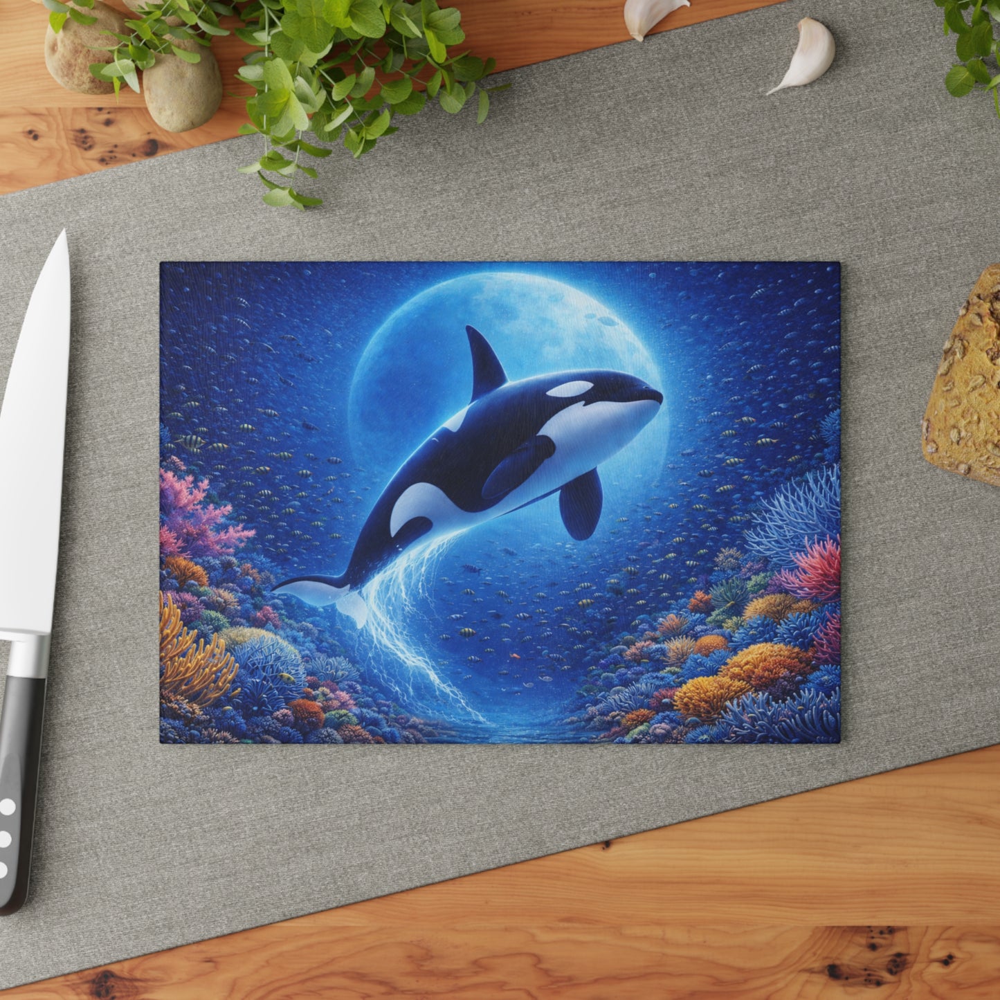 Moonlit Orca Glass Cutting Board – Majestic Ocean Night Artwork