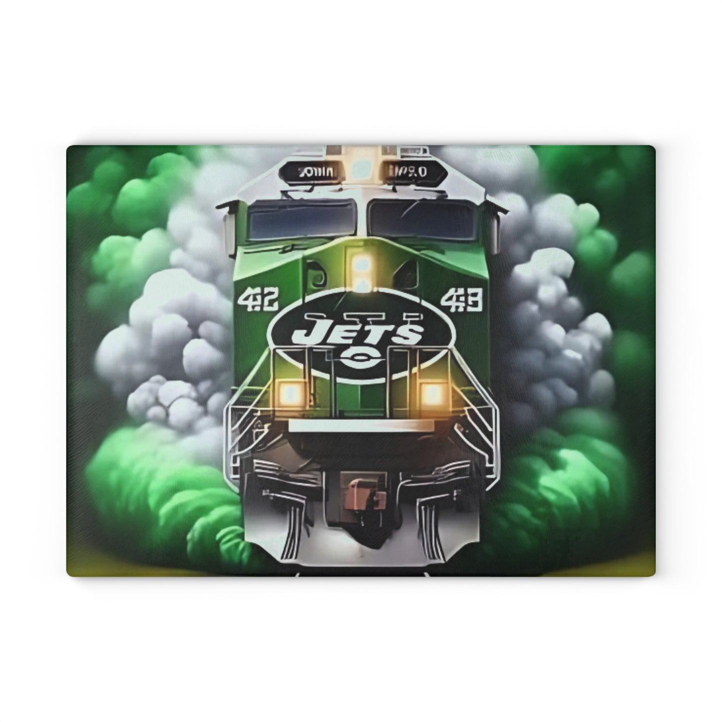 Green & White Express Glass Cutting Board – Clean Train Art for Fresh, Classic Kitchens