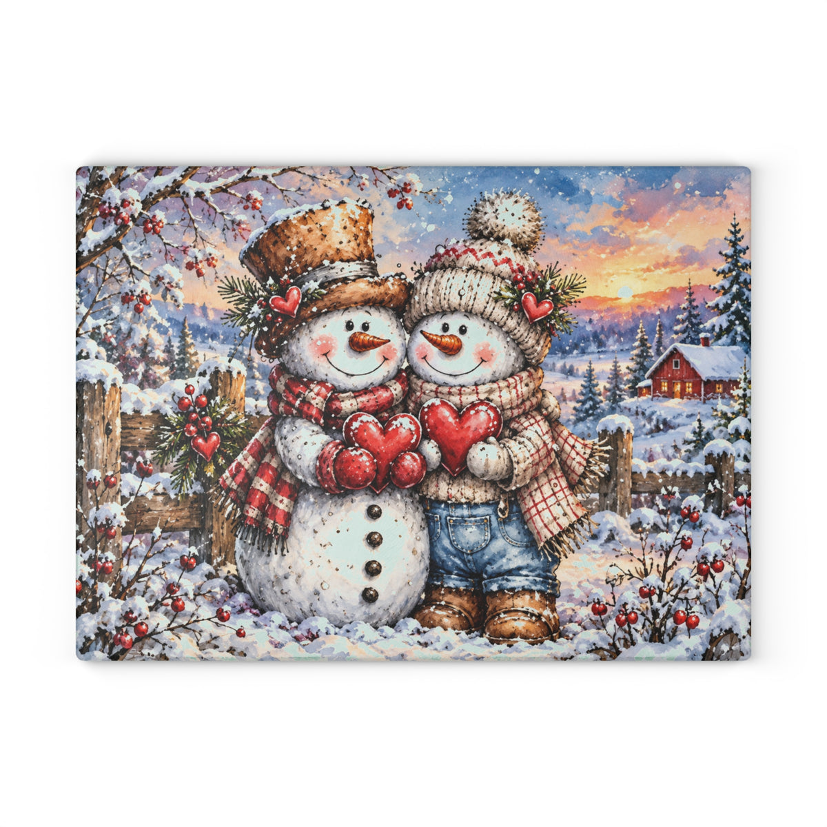 Adorable Snowman Couple Holding Hearts Tempered Glass Cutting Board – Rustic Winter Farmhouse Art – 11 × 15 Inches