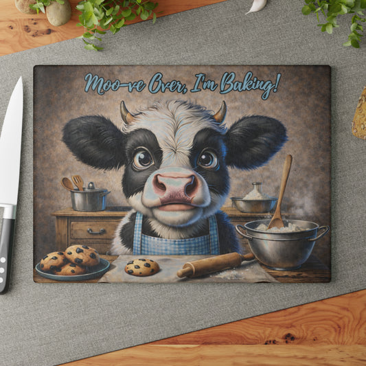 Moo-ve Over, I’m Baking! Glass Cutting Board – Whimsical Farmhouse Kitchen Decor