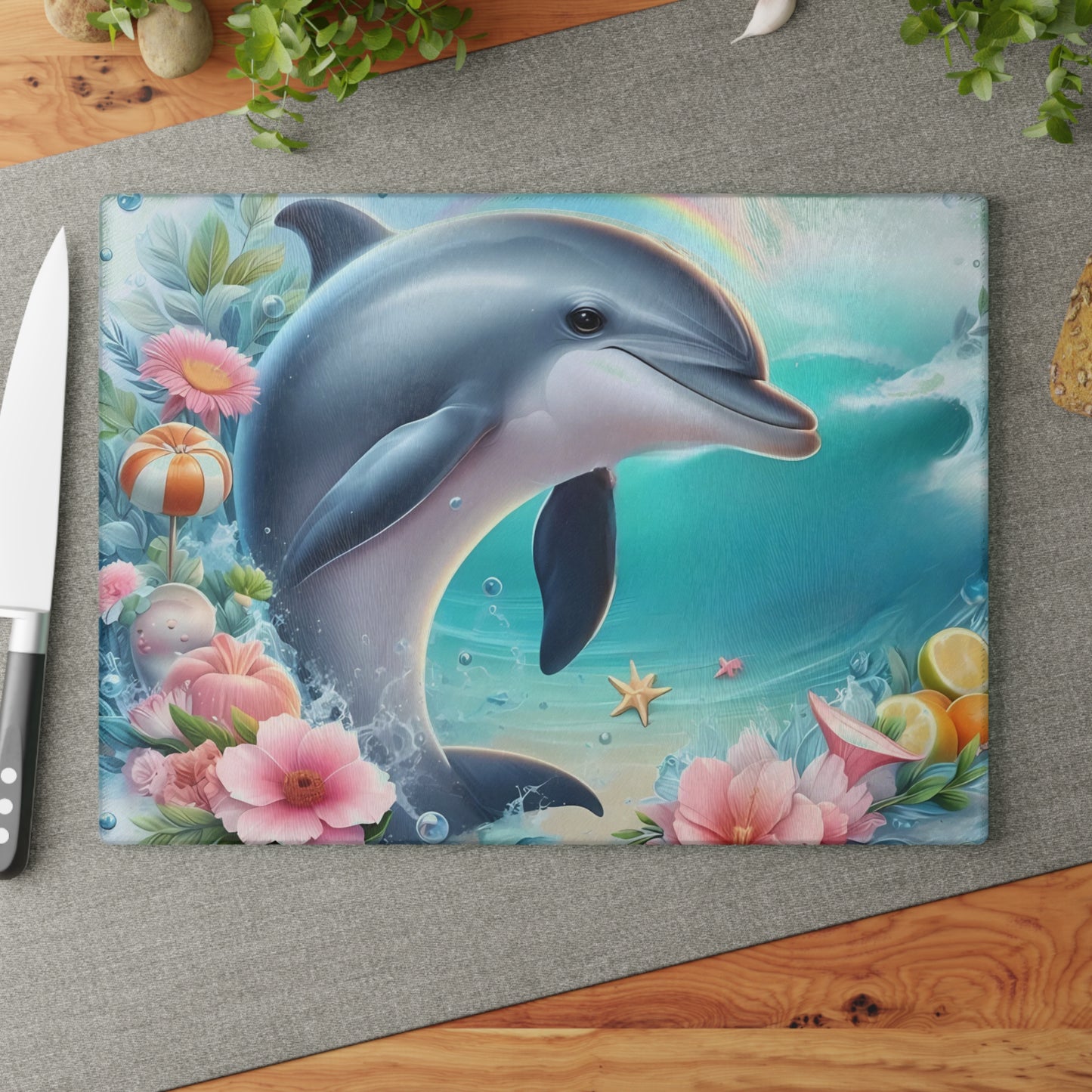 Dolphin Cutting Board, Vibrant Dolphin Scene Tempered Glass, Gift for Chef, Dolphin, Gifts for her, Wedding Housewarming Gift