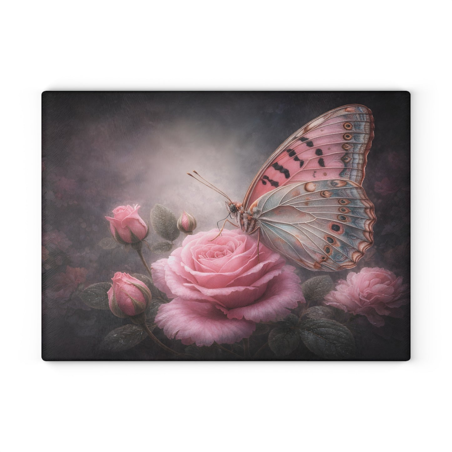 Blush Butterfly & Rose Glass Cutting Board – Elegant Floral Butterfly Kitchen Art