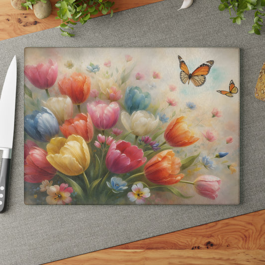 Tulips and Butterflies Glass Cutting Board – Elegant Floral Spring Kitchen Art