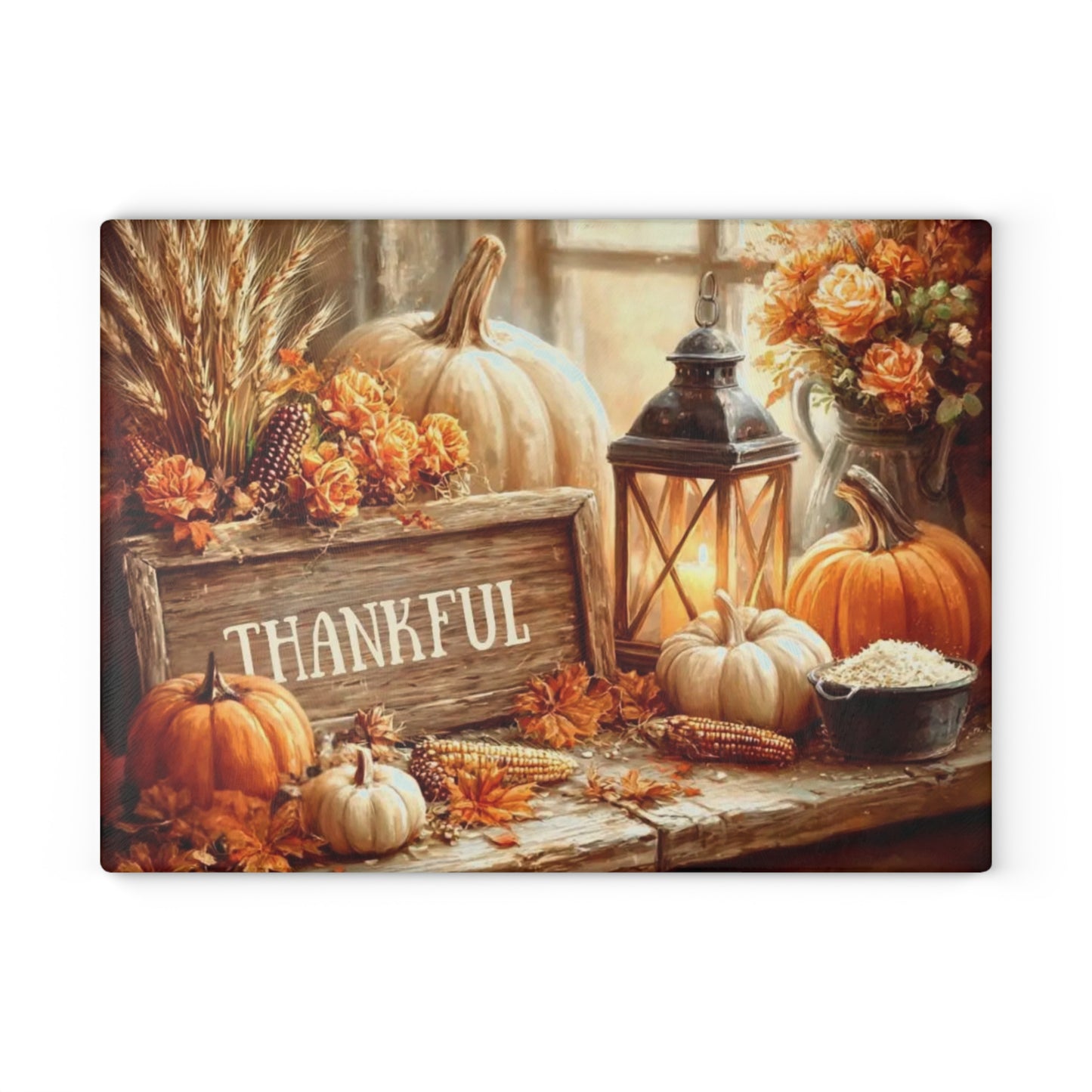 🎃🕯️ “Thankful Autumn Vignette” Glass Cutting Board – Cozy Charm for Your Kitchen