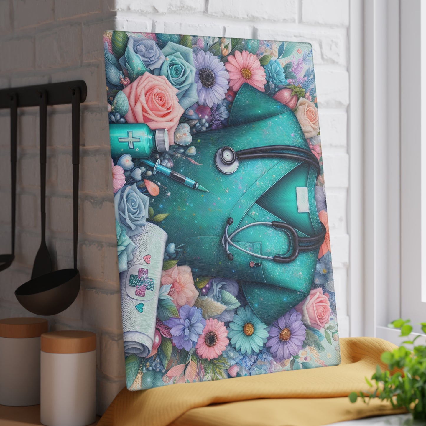 🩺 Nurse Scrubs & Florals Cutting Board – Heartfelt Medical Elegance for Your Kitchen 🌸