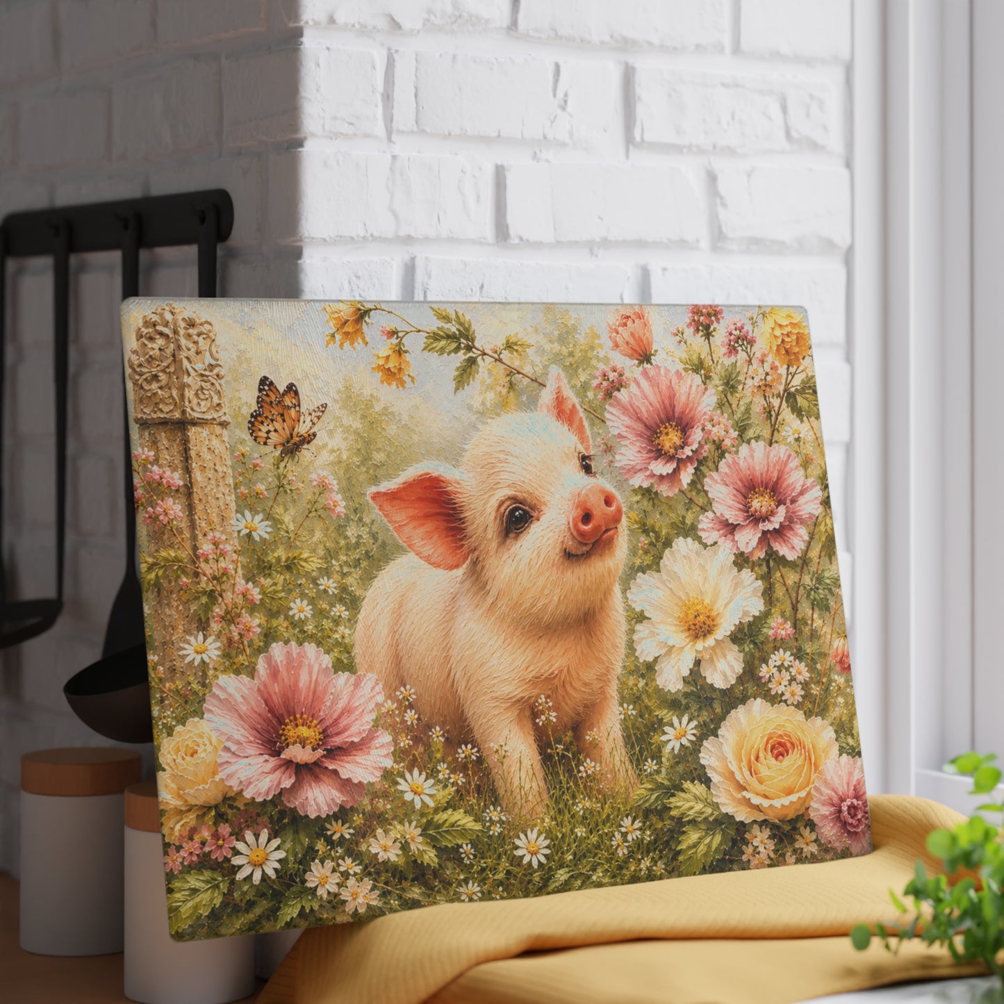 Floral Piglet Tempered Glass Cutting Board