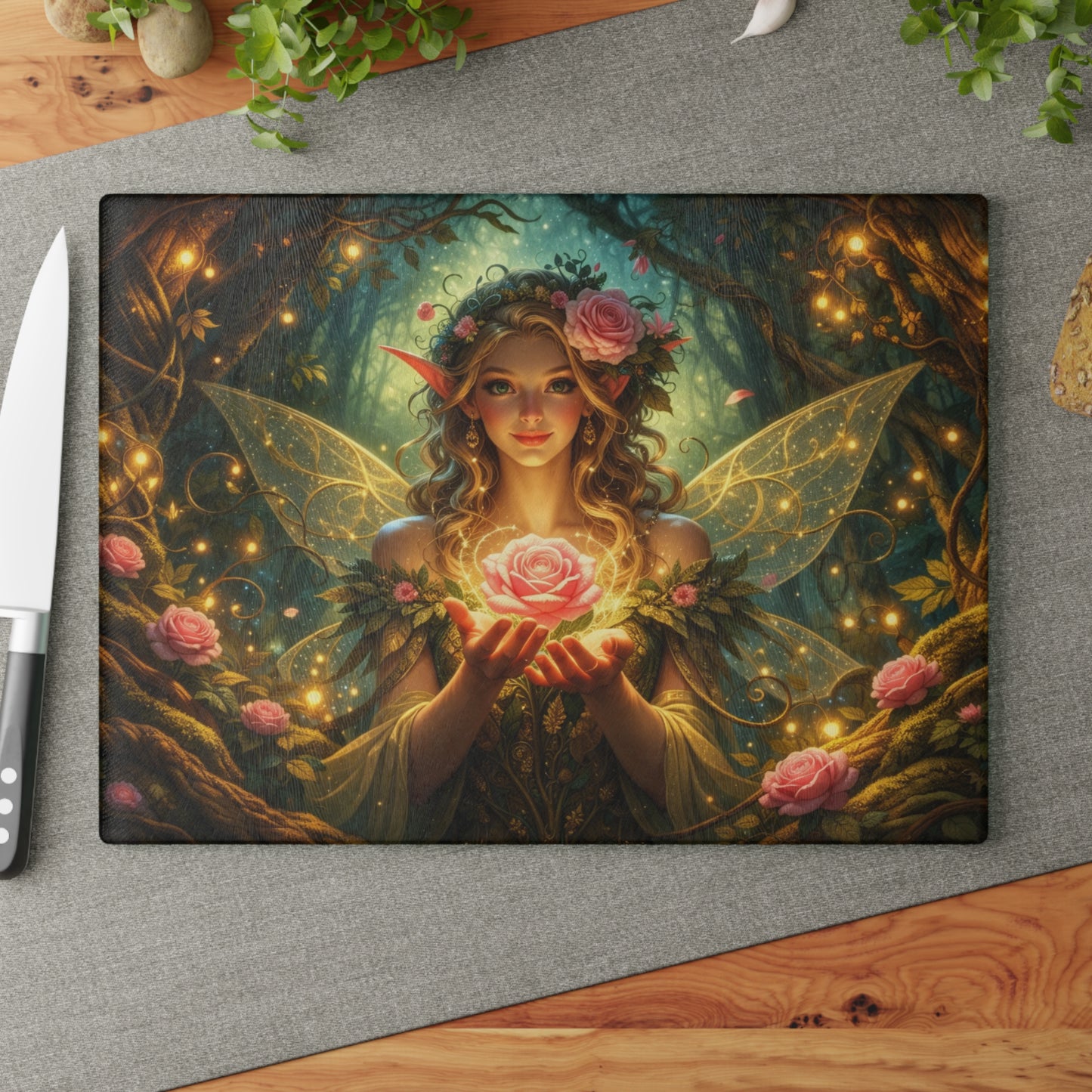 Enchanted Forest Fairy Glass Cutting Board – Magical Rose Fantasy Art Kitchen Decor