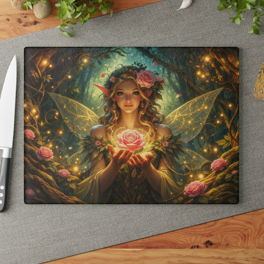 Enchanted Forest Fairy Glass Cutting Board – Magical Rose Fantasy Art Kitchen Decor