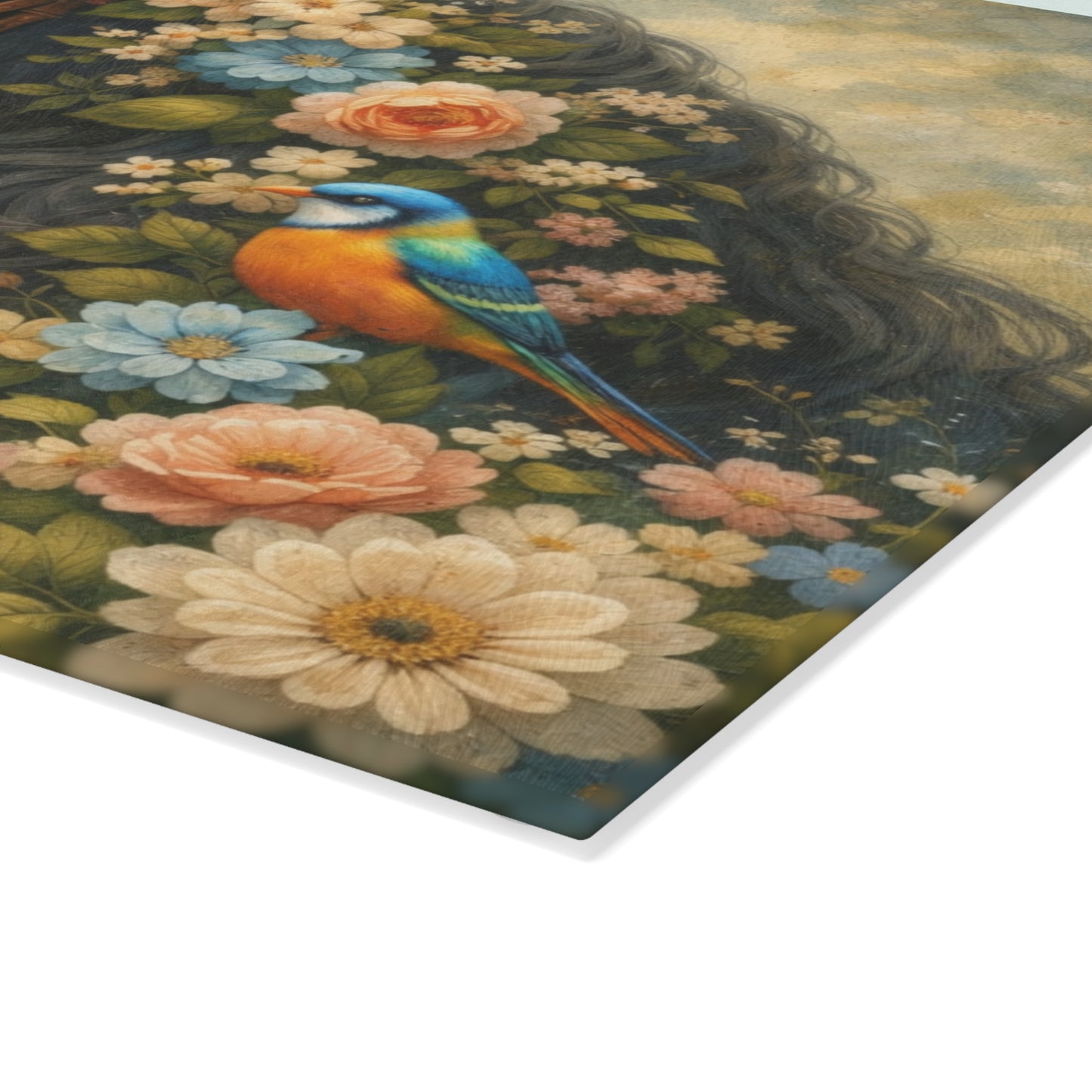 Floral Horse Glass Cutting Board – Elegant Country Farmhouse Kitchen Decor with Birds and Garden Flowers