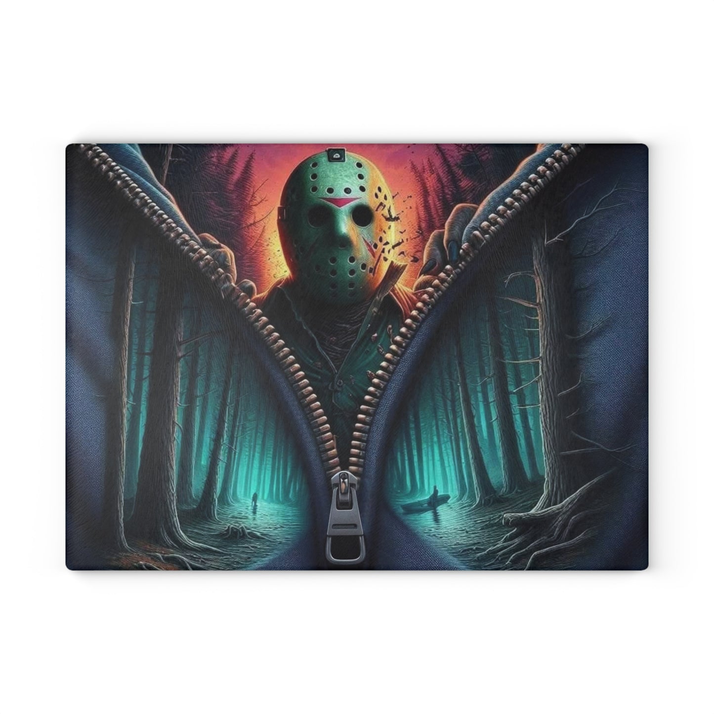 🪓 Masked Forest Horror Cutting Board – Slice Into Style with Creepy Vibes