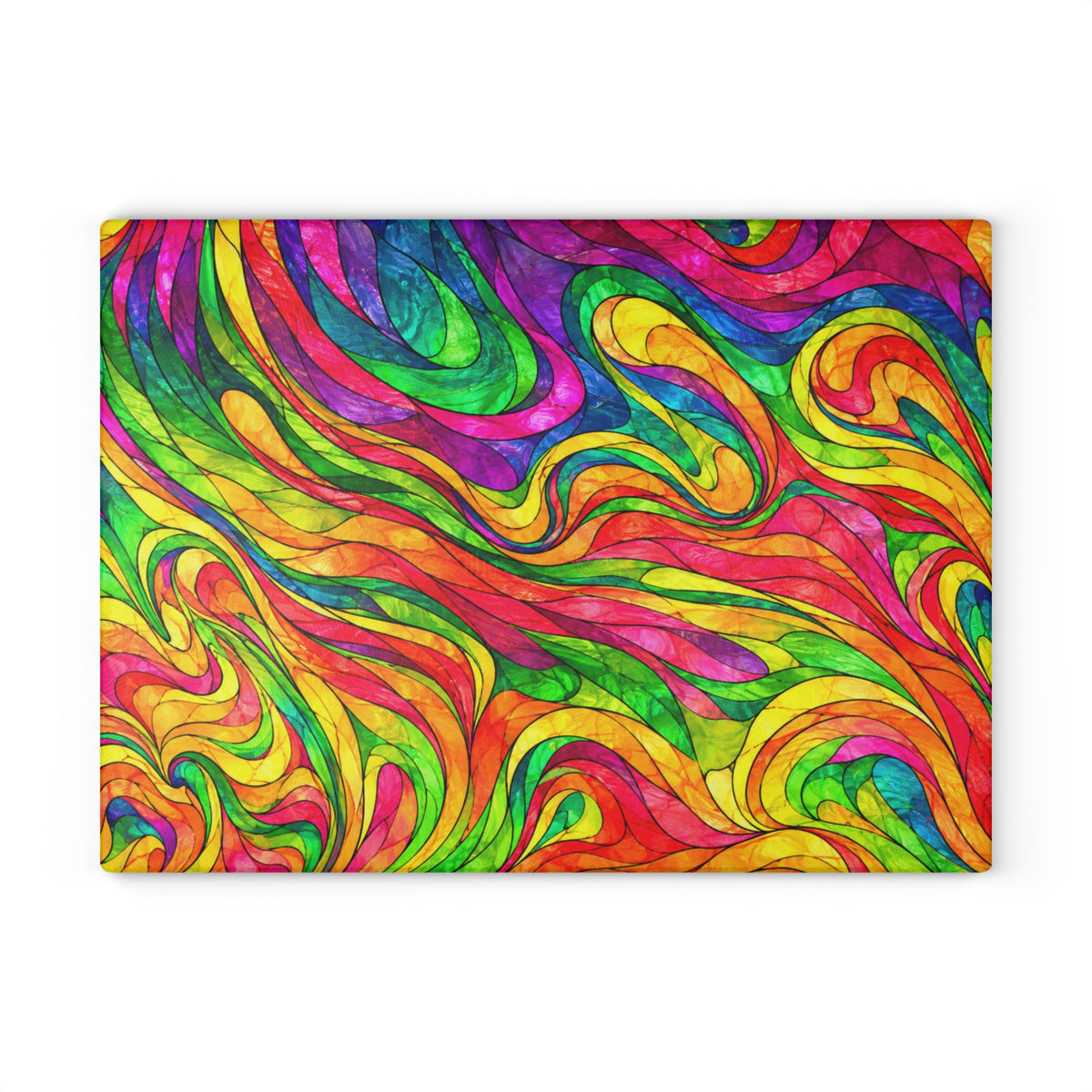 Colorful Psychedelic Swirl Glass Cutting Board – Bright Rainbow Abstract Kitchen Decor