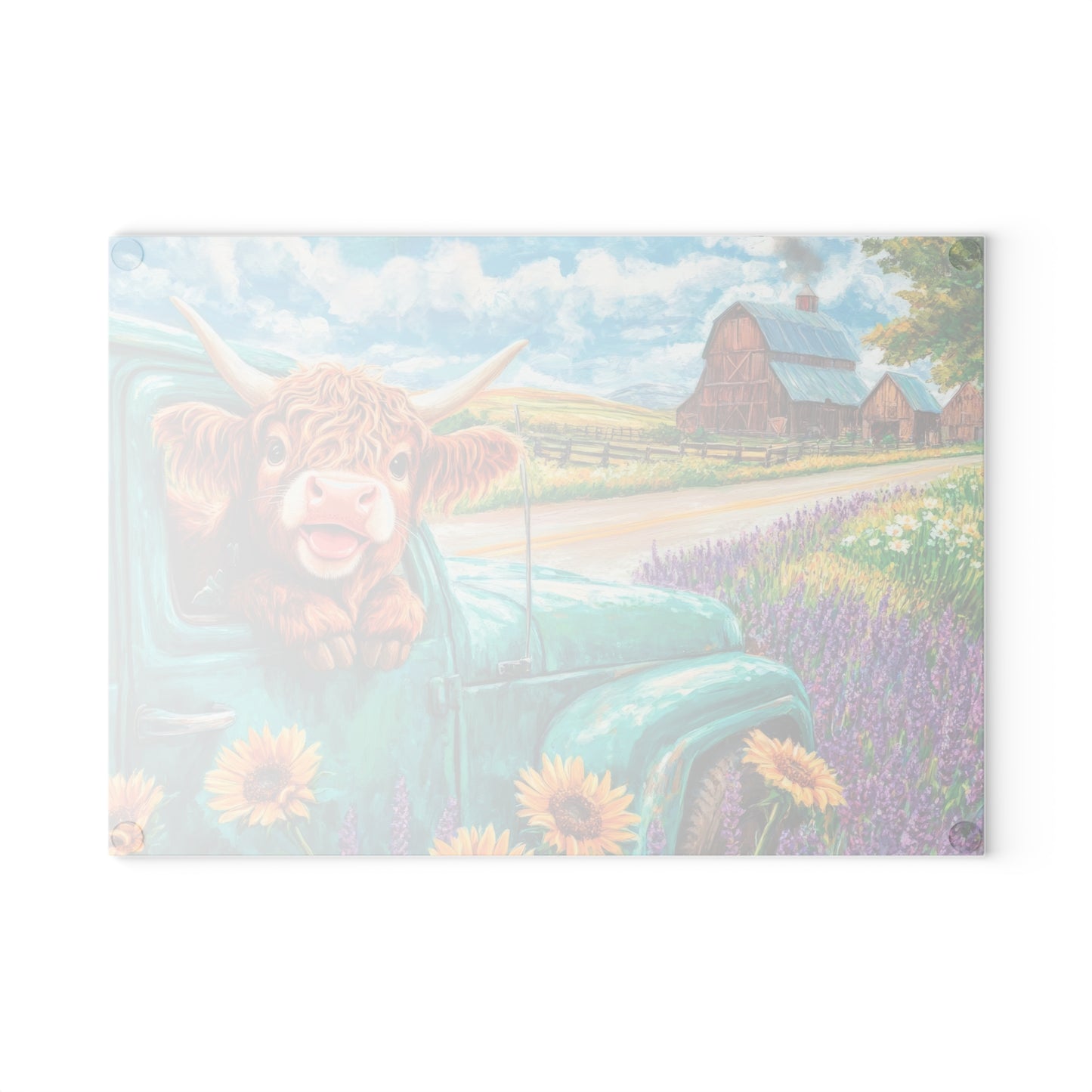 🚜🌻 Baby Highland Cow in Old Truck Glass Cutting Board – Rustic Farm Charm with Sunflowers & Barn 🌼