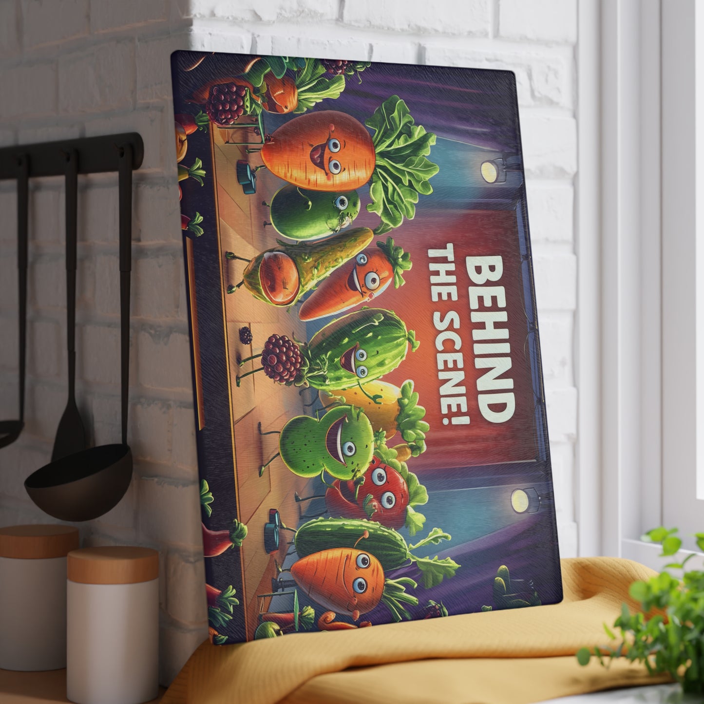 Tabla de cortar de vidrio "¡Detrás de escena!" - Decoración de cocina cómica con verduras danzantes 🌟🍅