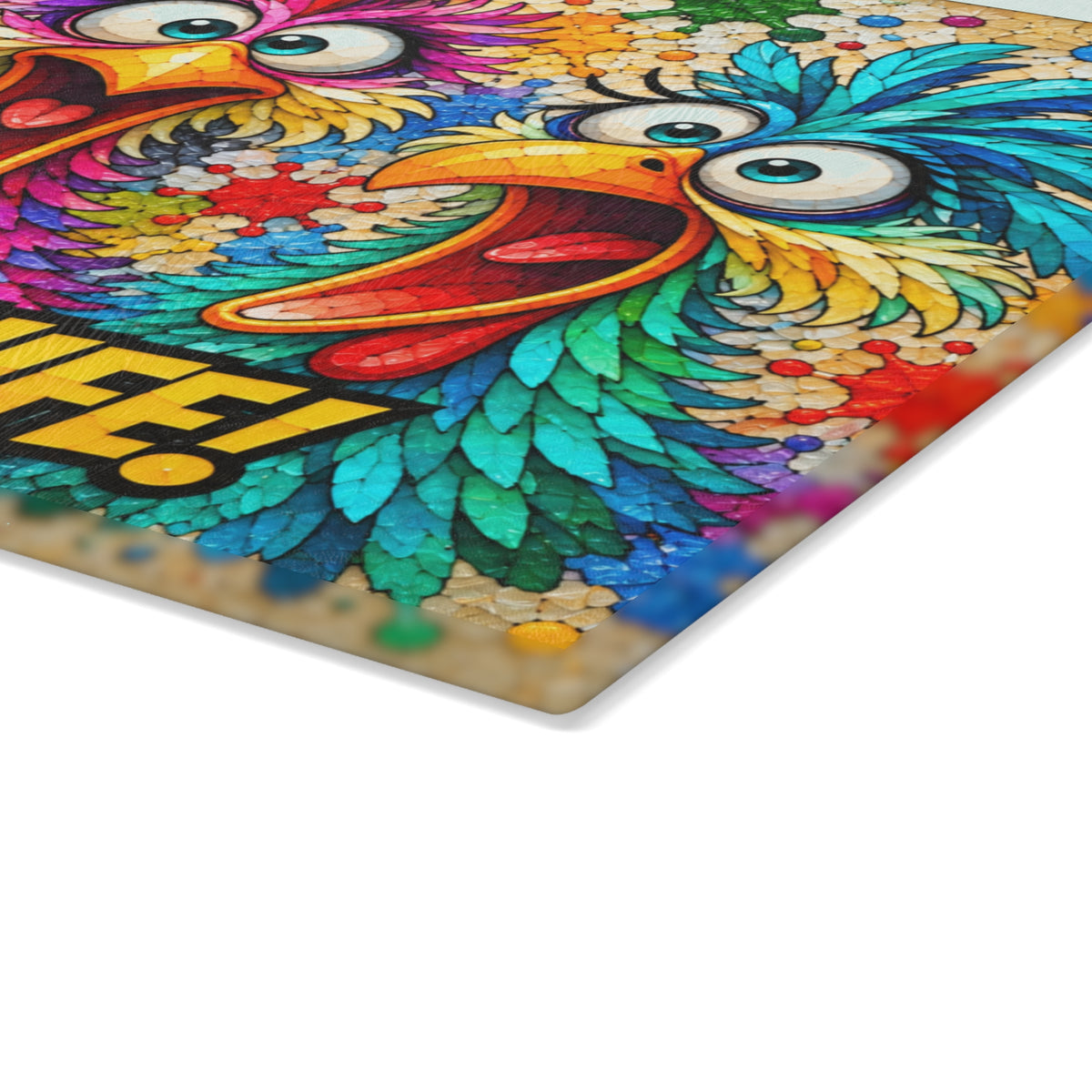 He Has a Knife! Funny Colorful Birds Stained-Glass-Inspired Glass Cutting Board