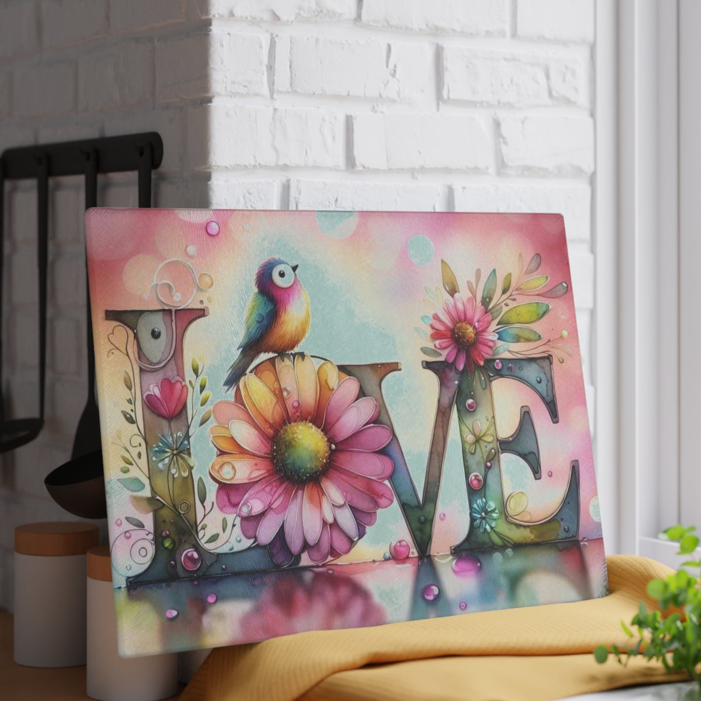 Tabla de cortar, diseño de amor con pájaros y girasoles, decoración de cocina, bandeja de vidrio para servir, regalo de inauguración de la casa, utensilio de cocina