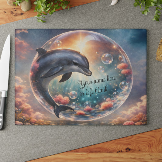 Dolphin Ocean Dream Glass Cutting Board – Personalized Coastal Kitchen Decor with Bubbles and Coral Reef Design