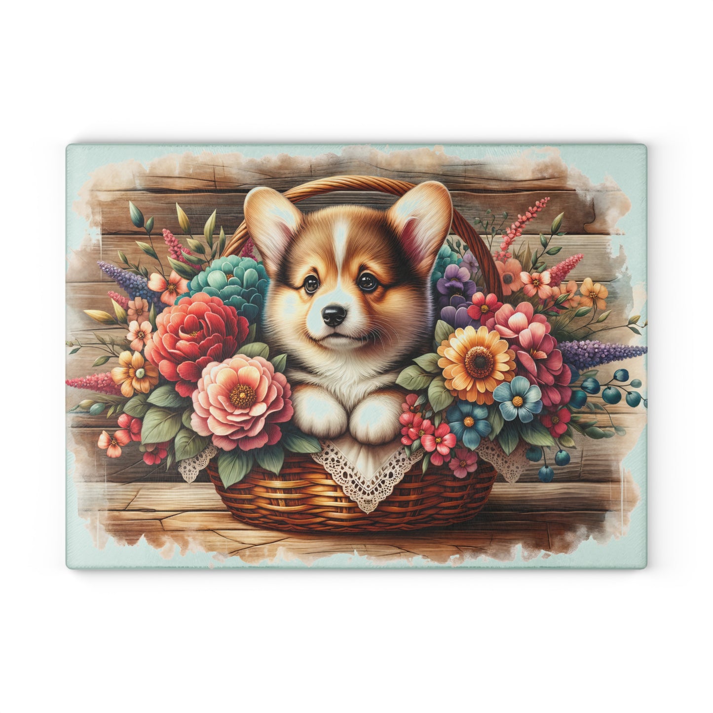 🐶🌸 Corgi in Basket Cutting Board – Sweet Charm Meets Rustic Elegance 🌼