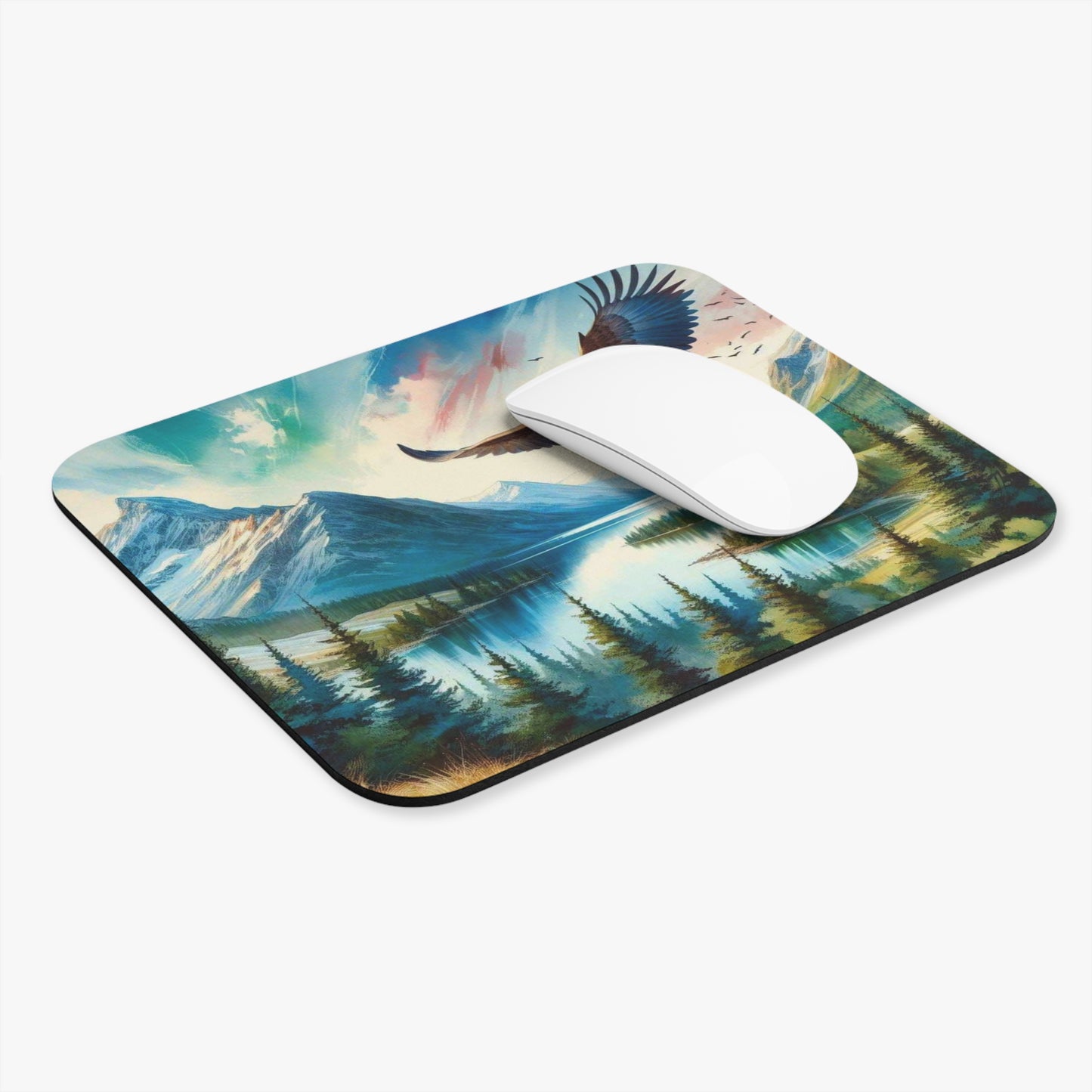 🖱️🦅 Bald Eagle Over Mountain Lake Mouse Pad – Wild Freedom Desk Art