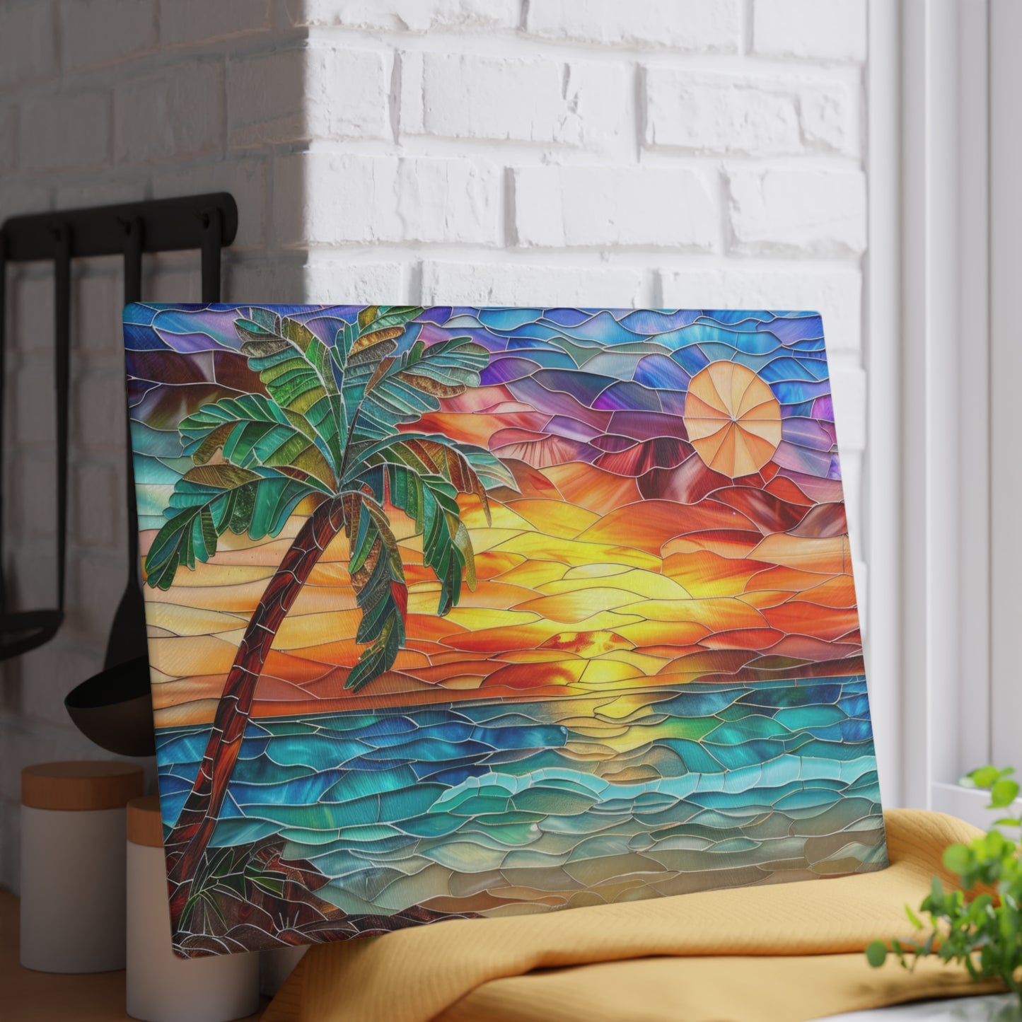 🌅🌴 Stained Glass look like Sunset Beach Cutting Board – Coastal Artistry for Your Kitchen 🌊