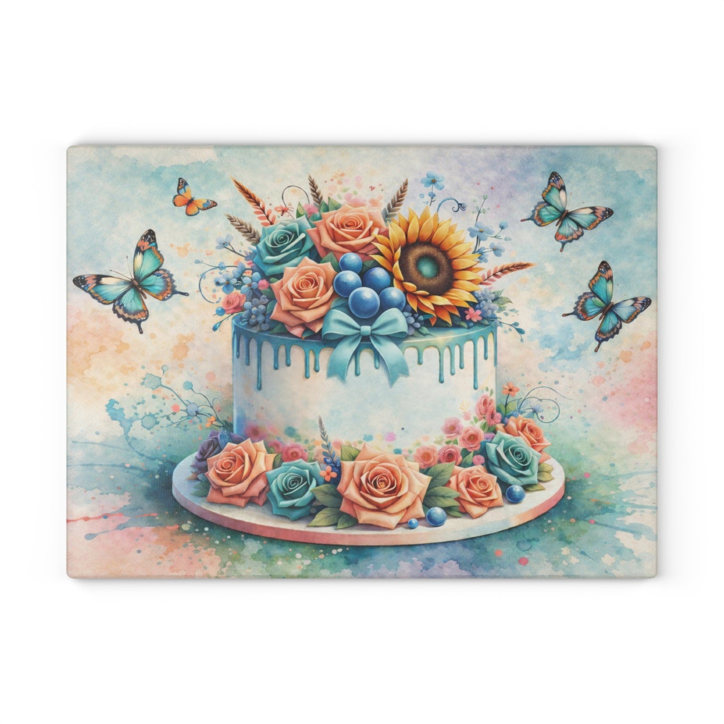 Floral Celebration Cake Glass Cutting Board – Elegant Dessert Kitchen Decor