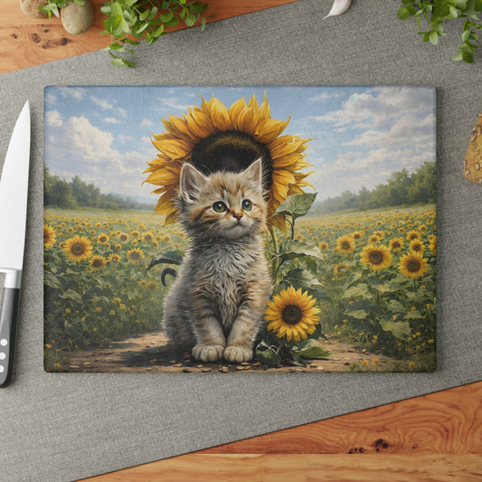 Sunflower Kitten Glass Cutting Board – Whimsical Floral Cat Art Kitchen Decor
