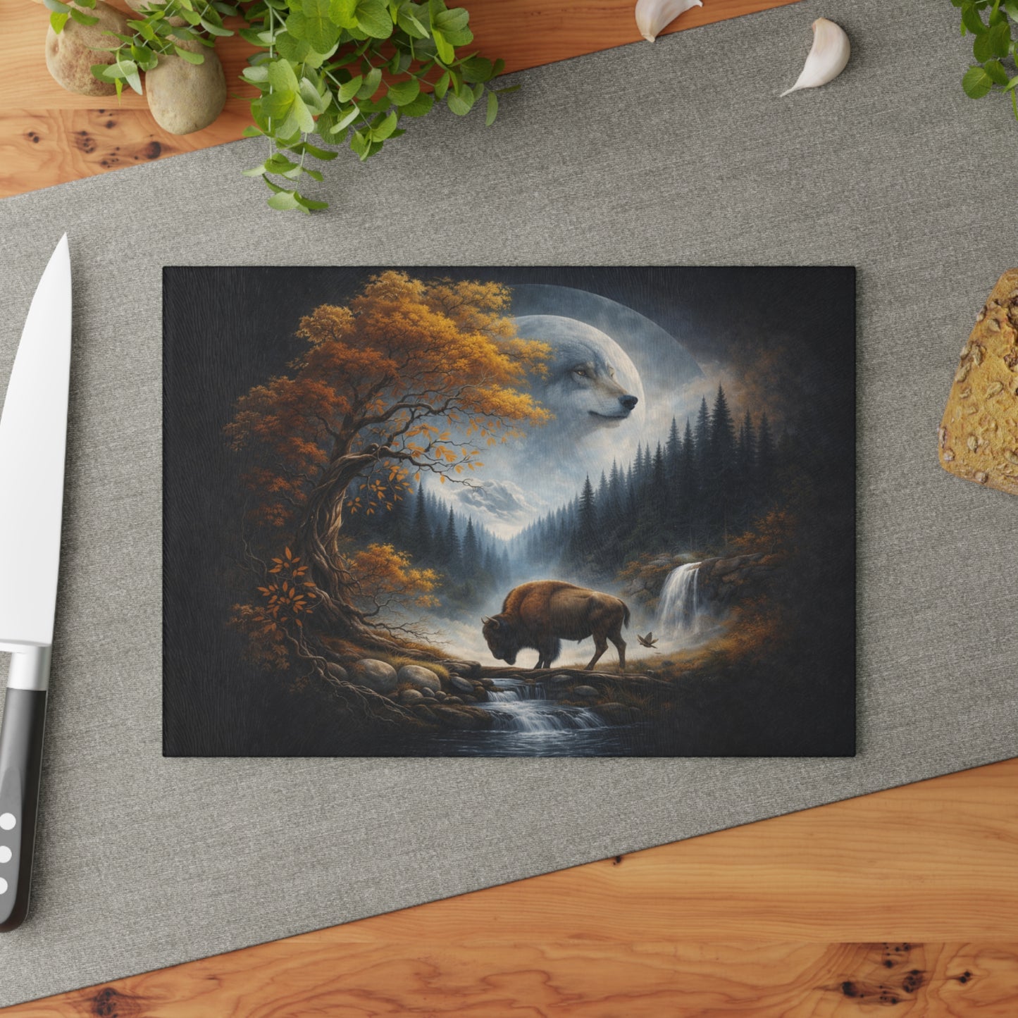 Moonlit Wolf Spirit Forest Glass Cutting Board – Mystical Wildlife Landscape Kitchen Art