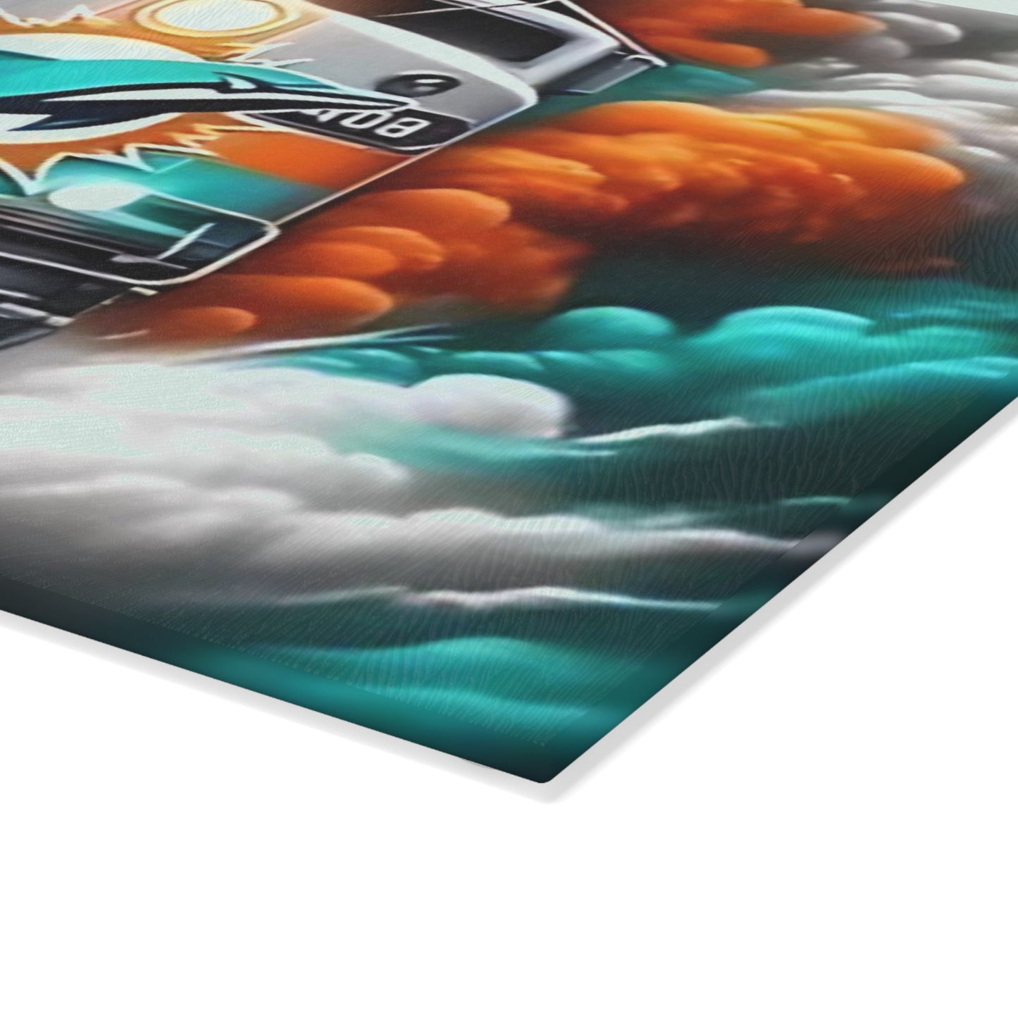 Teal & Orange Express Glass Cutting Board – Tropical Train Design for Vibrant Kitchens