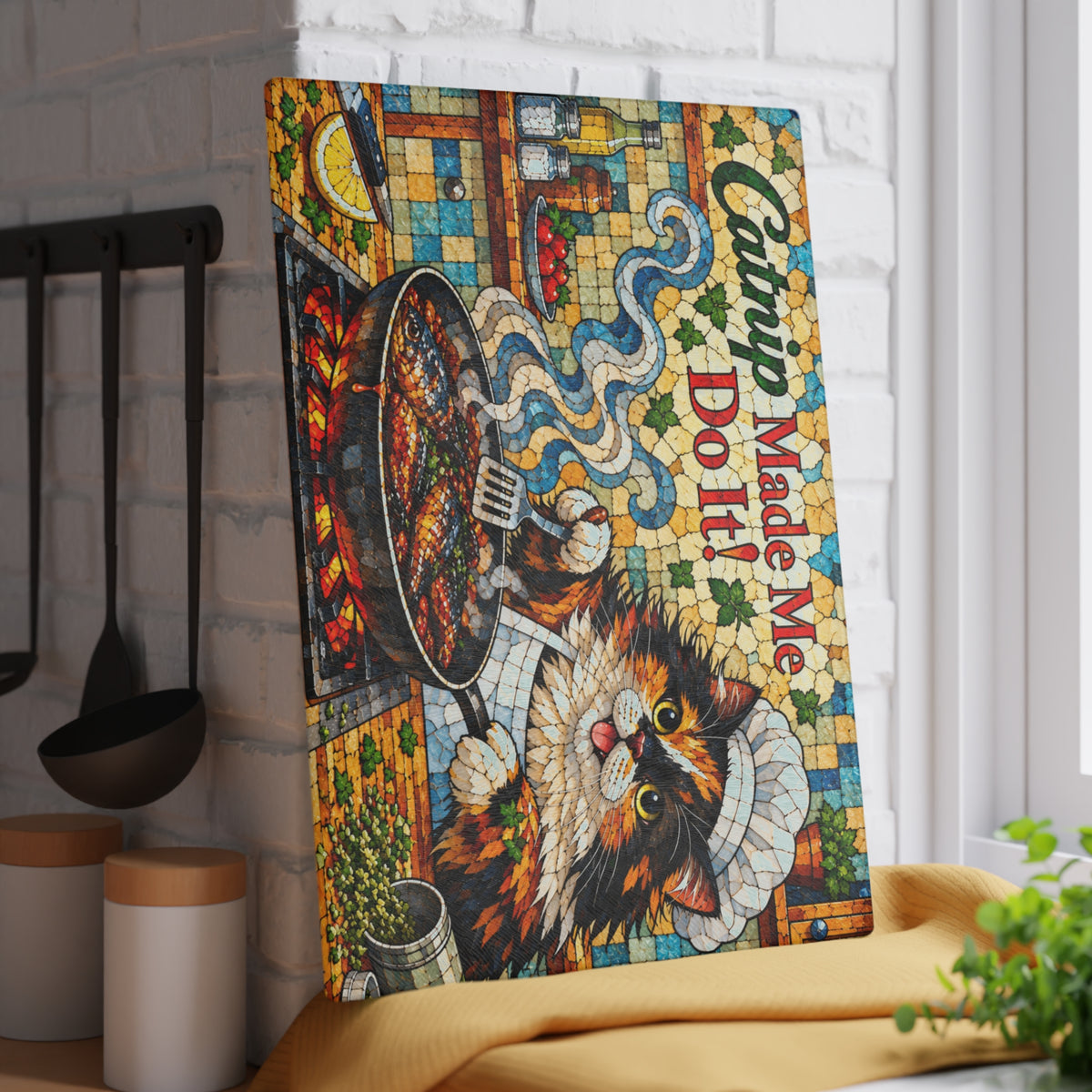 Catnip Made Me Do It! Funny Cat Stained-Glass-Inspired Glass Cutting Board