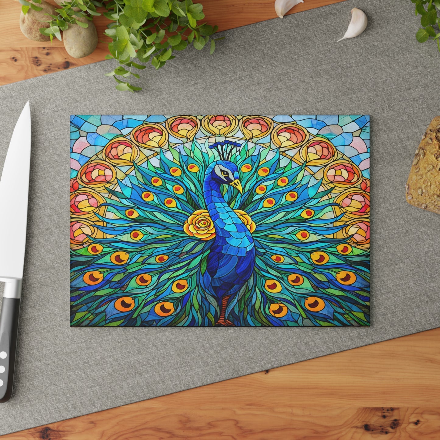 Stained Glass Style Peacock Glass Cutting Board – Vibrant Jewel-Tone Art Kitchen Decor
