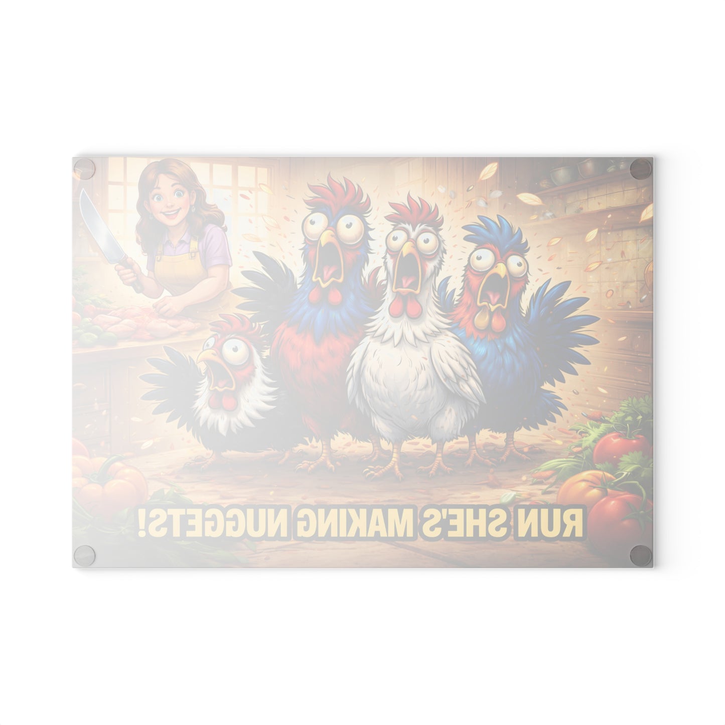 Run She’s Making Nuggets! Glass Cutting Board – Funny Chicken Kitchen Art