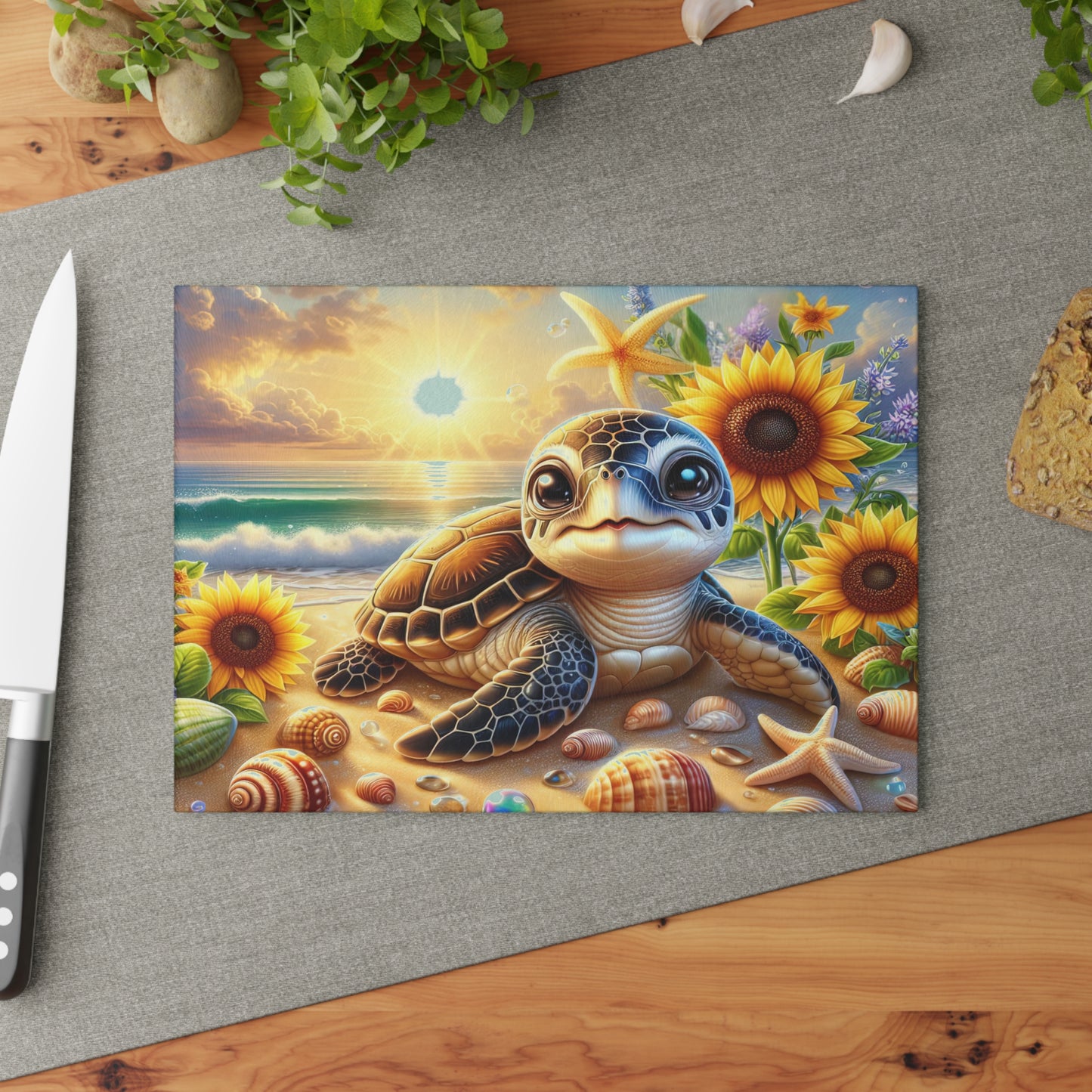 Sunny Shore Sea Turtle Glass Cutting Board – Coastal Beach Artwork with Sunflowers