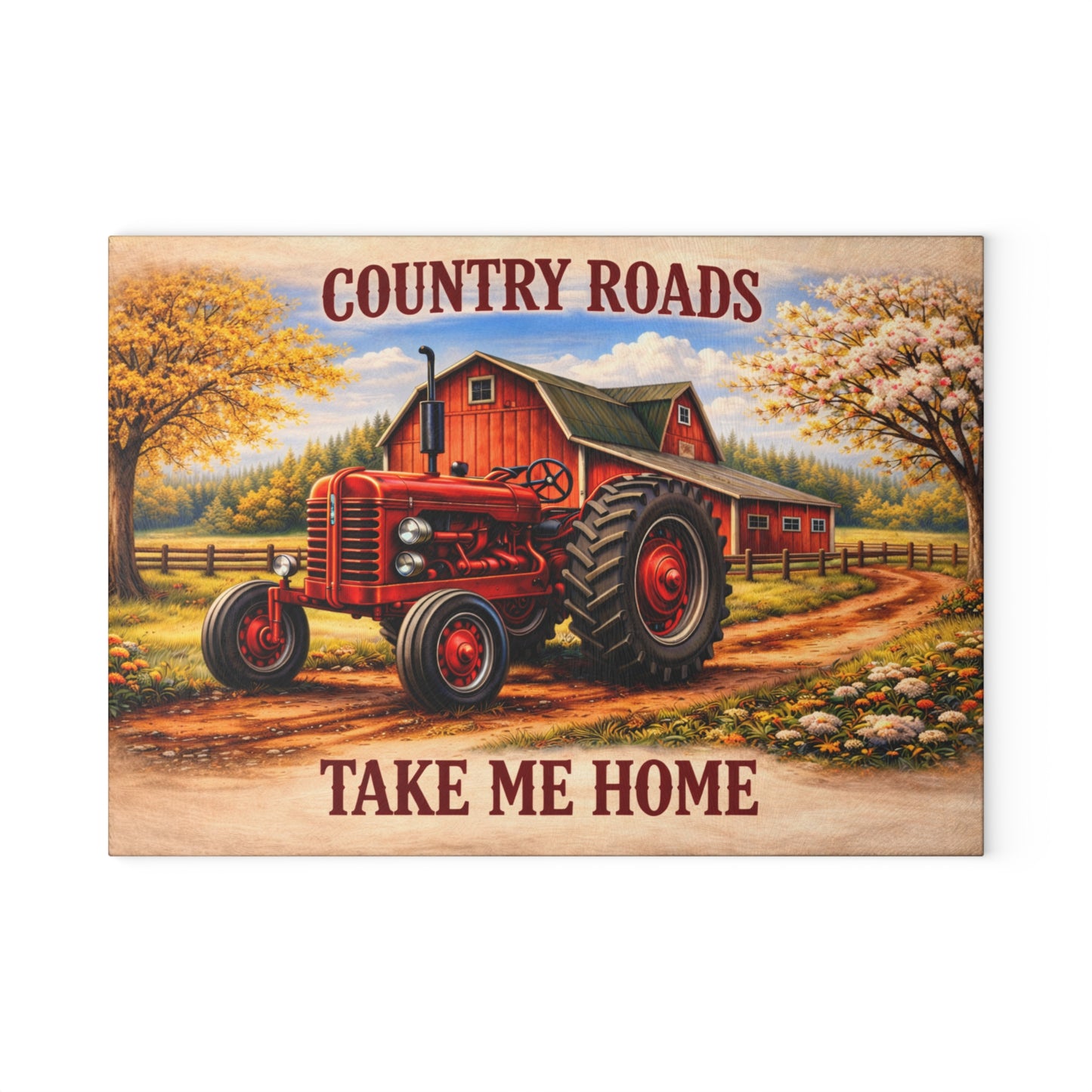 Country Roads Tractor Glass Cutting Board – Rustic Farmhouse Charm for Your Kitchen