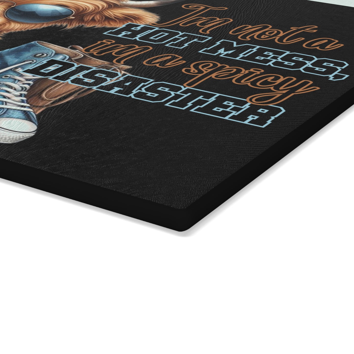"I'm Not a Hot Mess; I'm a Spicy Disaster" – Highland Cow Glass Cutting Board