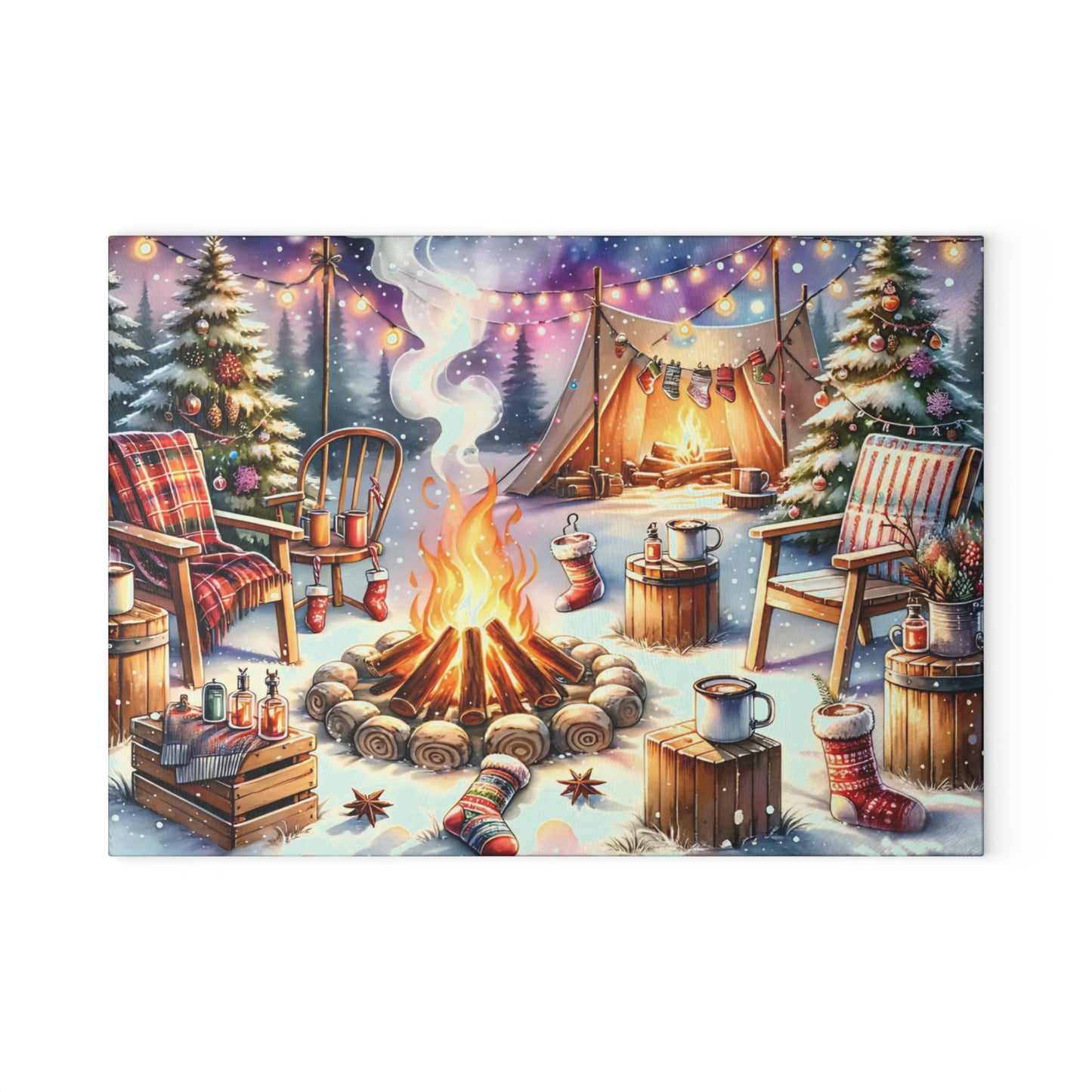 🔥🏕️ “Cozy Campfire Christmas” Glass Cutting Board – Winter Charm for Your Kitchen