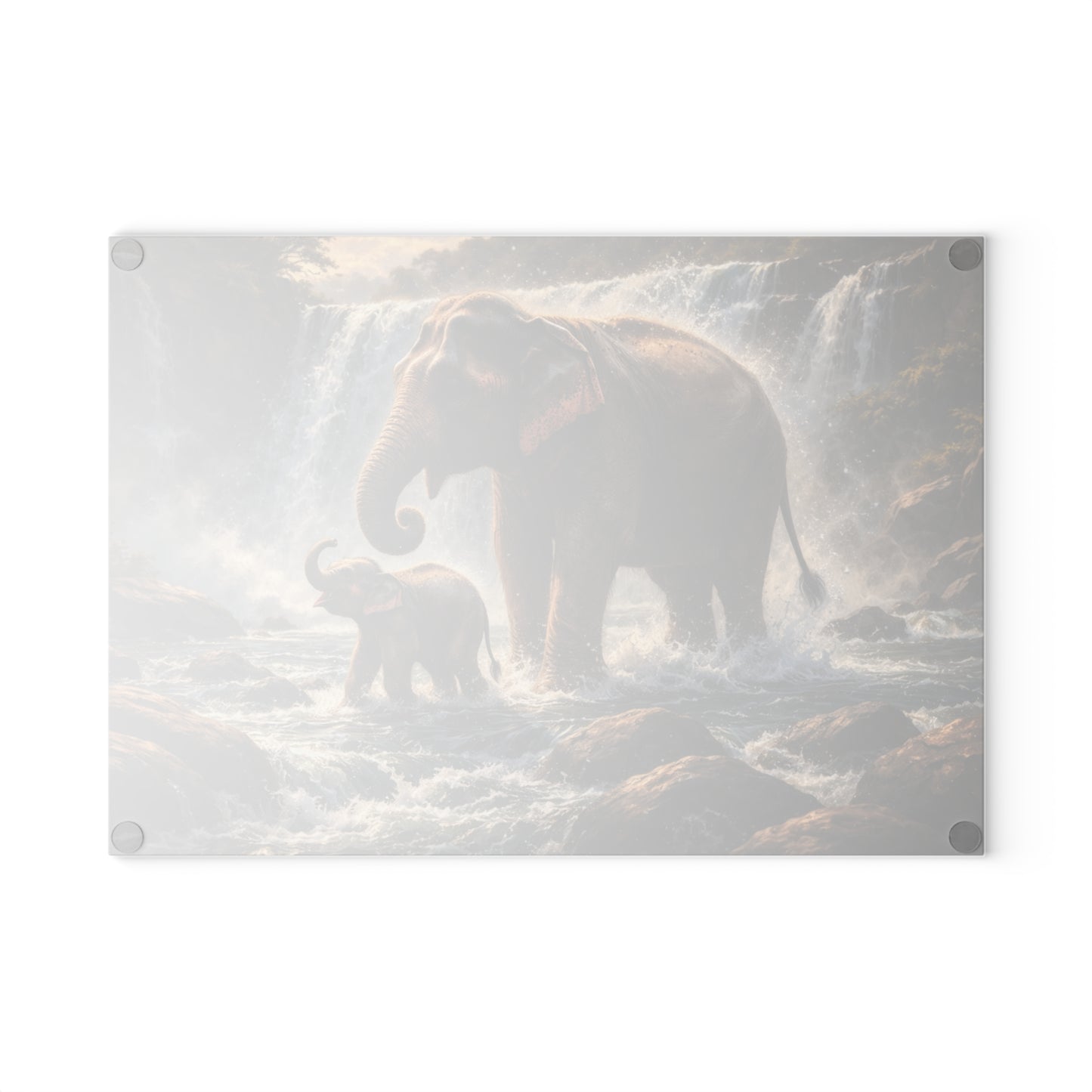 Elephant Waterfall Wildlife Glass Cutting Board – Majestic Nature Scene Kitchen Art