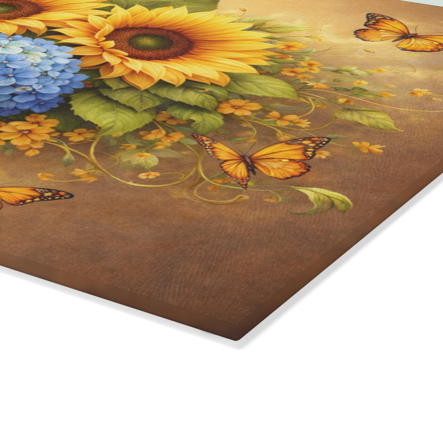 Sunflower & Hydrangea Butterfly Glass Cutting Board – Bright Floral Garden Kitchen Display