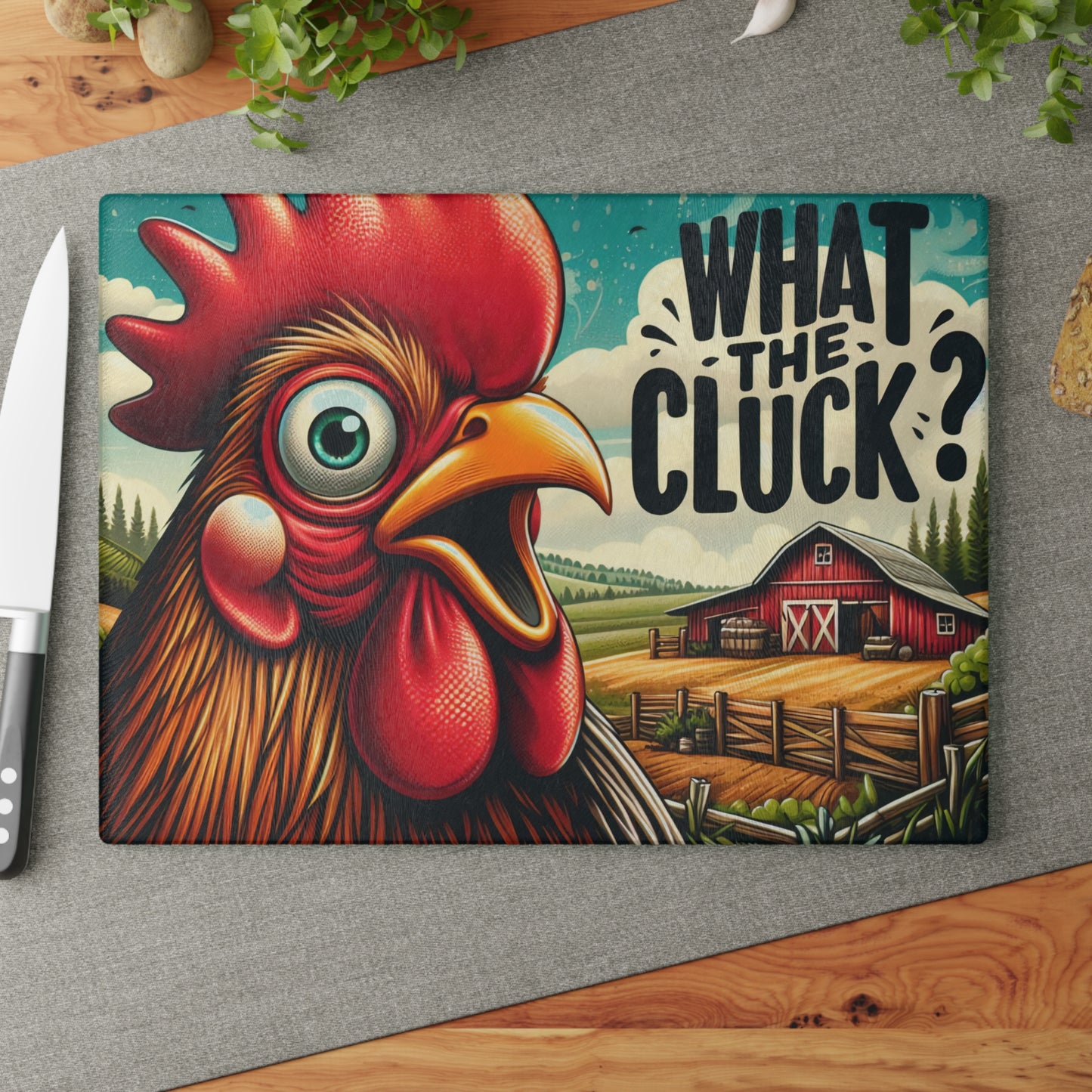 What the Cluck Glass Cutting Board – Funny Rooster Farm Kitchen Art Display